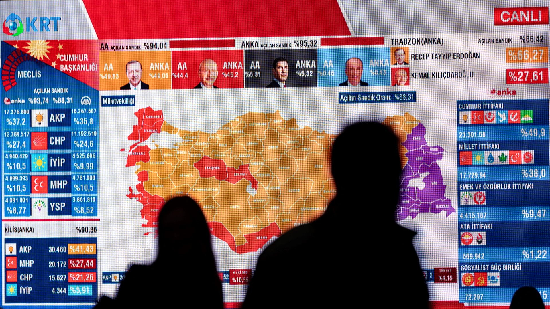CHP members watch TV after the first results at the CHP building in Istanbul (AFP)