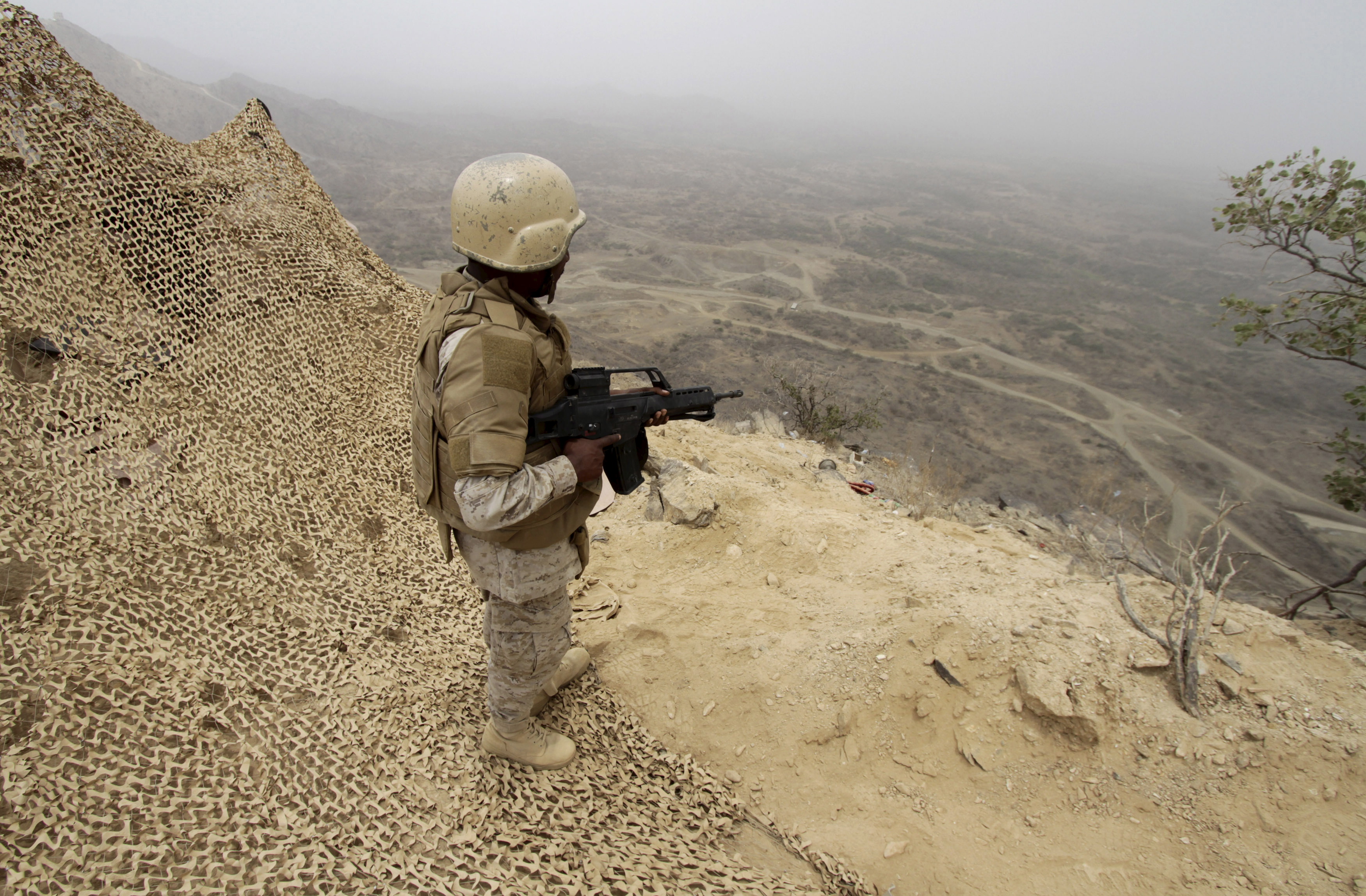 A Saudi soldier takes up a position at the Saudi border with Yemen (Reuters)