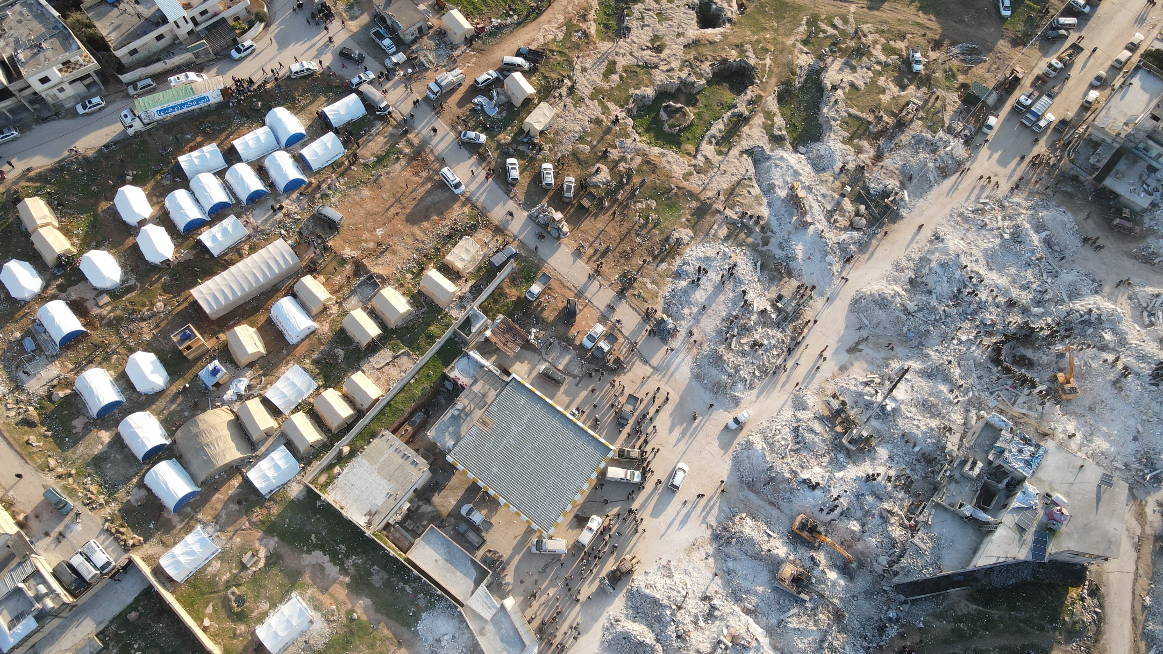 An aerial photo of the destruction in Haram city, western Idlib, on 12 February 2023. (MEE/Mohamed Al-Daher)