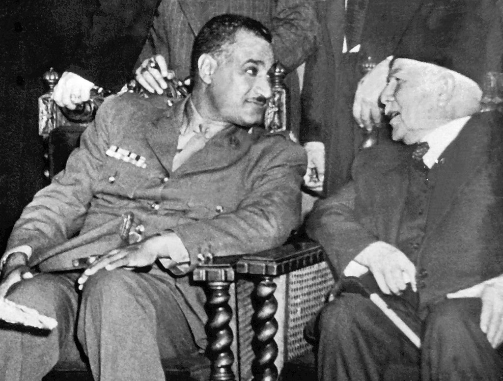 A picture from the 1950s shows Egyptian President Gamal Abdel Nasser (L) with Syrian Prime Minister Fares al-Khoury in Cairo. 