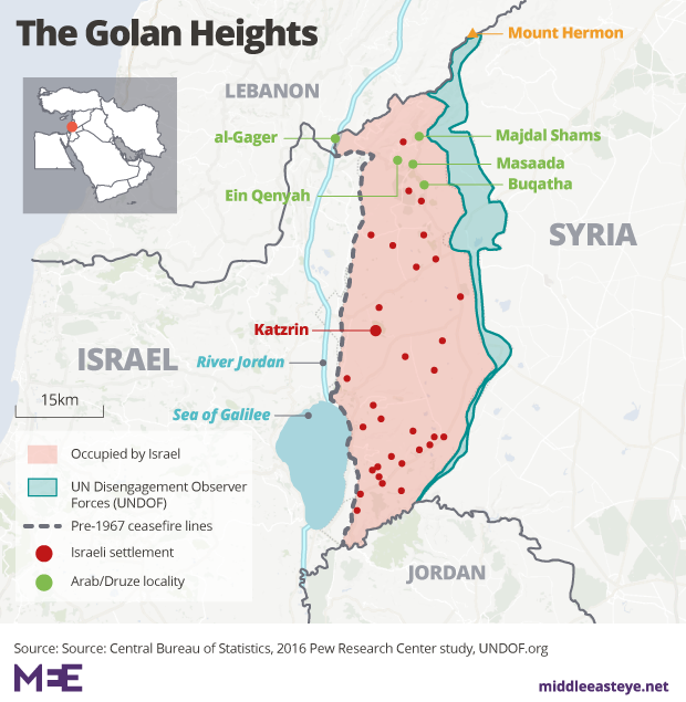 Israel has occupied the Golan Heights since 1967 after it defeated Syria in the Yom Kippur War (MEE Graphics)