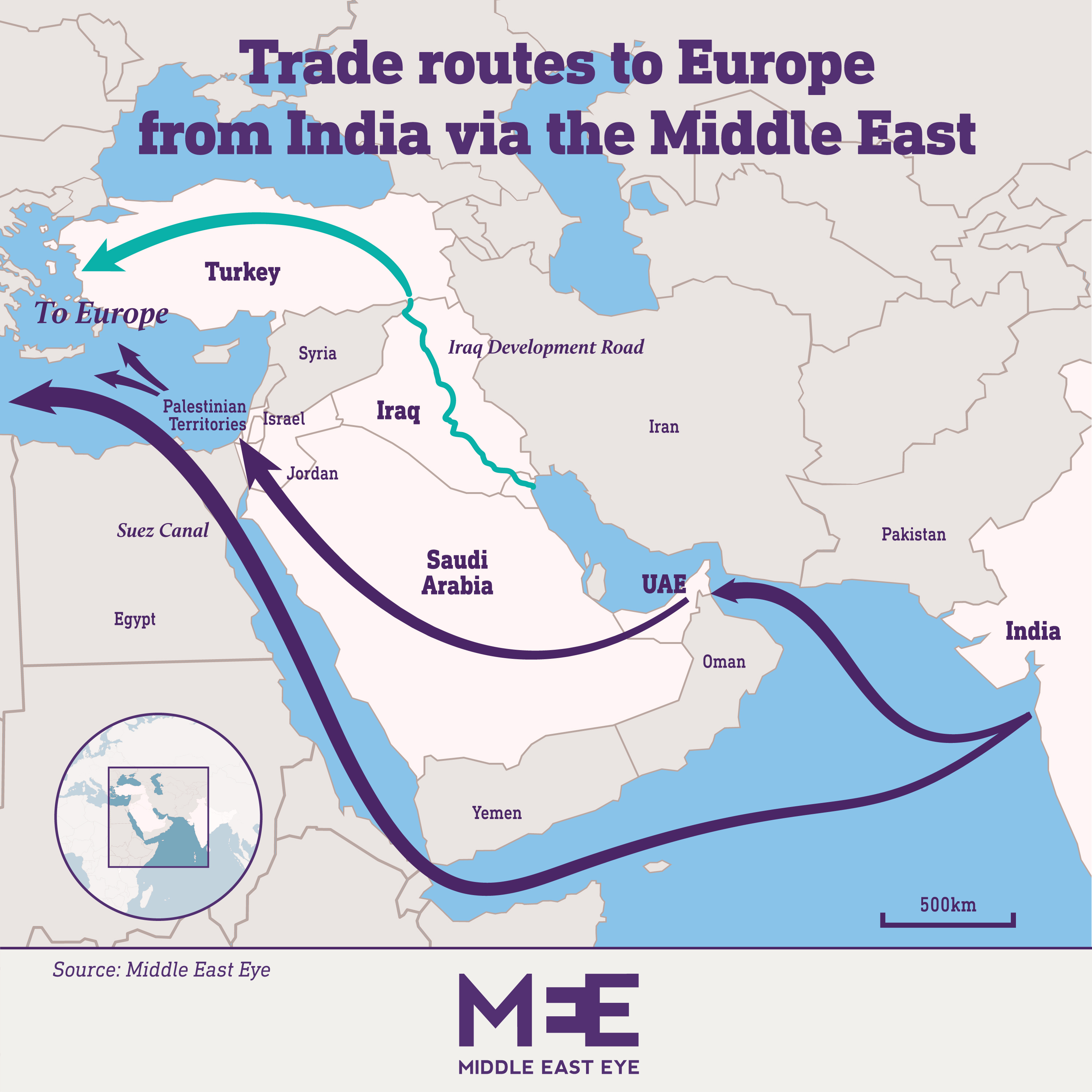 Map of the India Middle East Trade Corridor, known as IMEC, and other trade routes