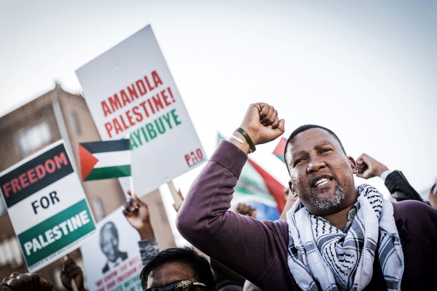 Former South African President Nelson Mandela's grandson, Chief Mandla Mandela joins hundreds of demonstrators at an inter-denominational march of members of pro-Palestinian groups and other civil society organisations during the holy month of Ramadan in Durban on June 2, 2018 (AFP)