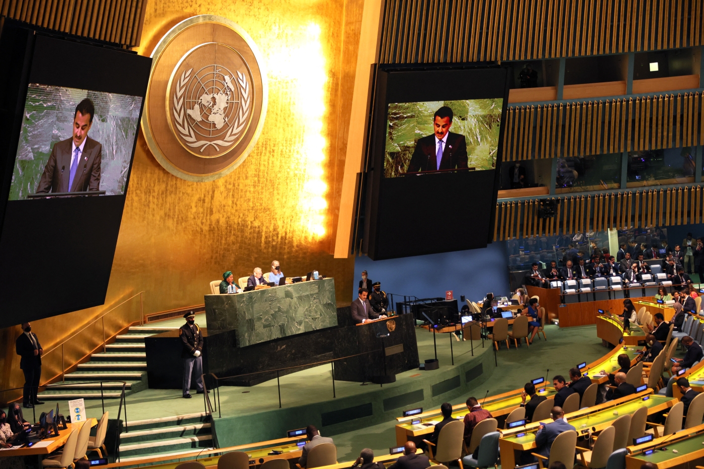 Emir of Qatar Sheikh Tamim bin Hamad Al-Thani speaks at the 77th session of the United Nations General Assembly (UNGA) at U.N. headquarters on September 20, 2022 in New York City (AFP)