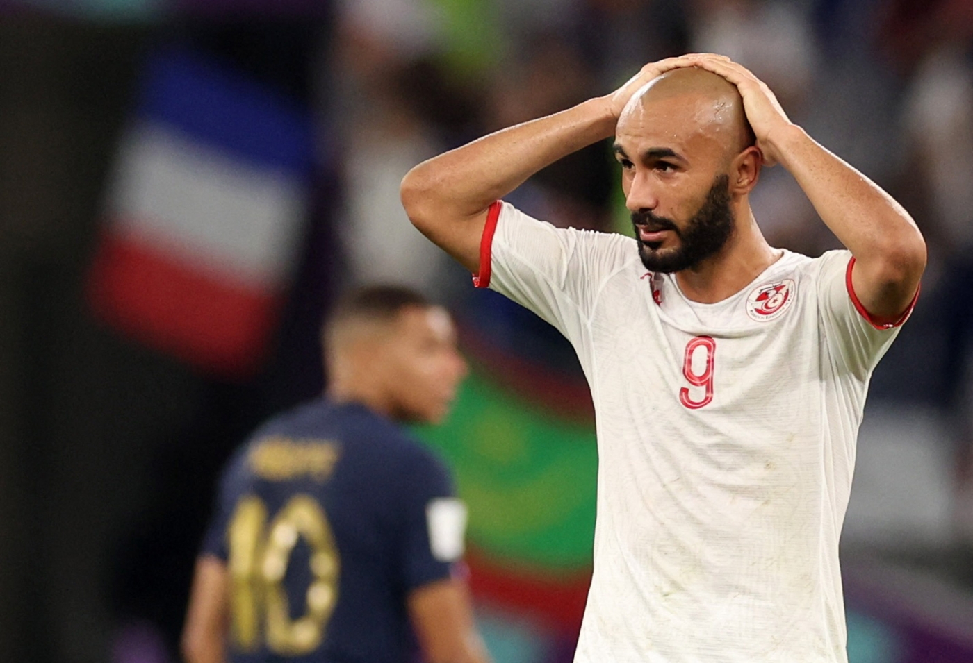 Tunisia's Issam Jebali reacts in Tunisia v France match at the World Cup in Education City Stadium, Al Rayyan, Qatar on 30 November 2022 (Reuters) 
