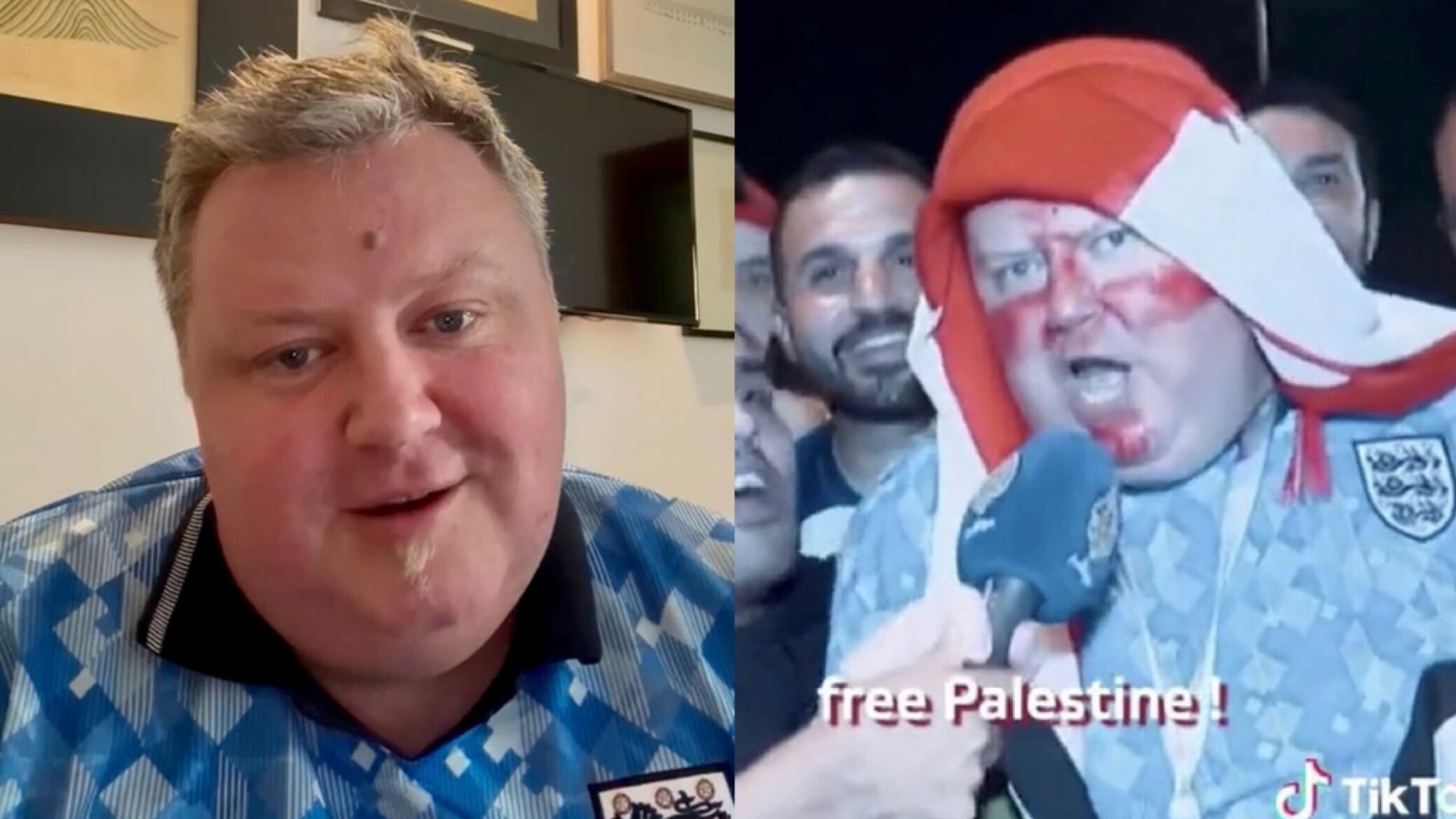Martin Near werd een online sensatie na het roepen van 'Free Palestine' tijdens een interview op het WK 2022