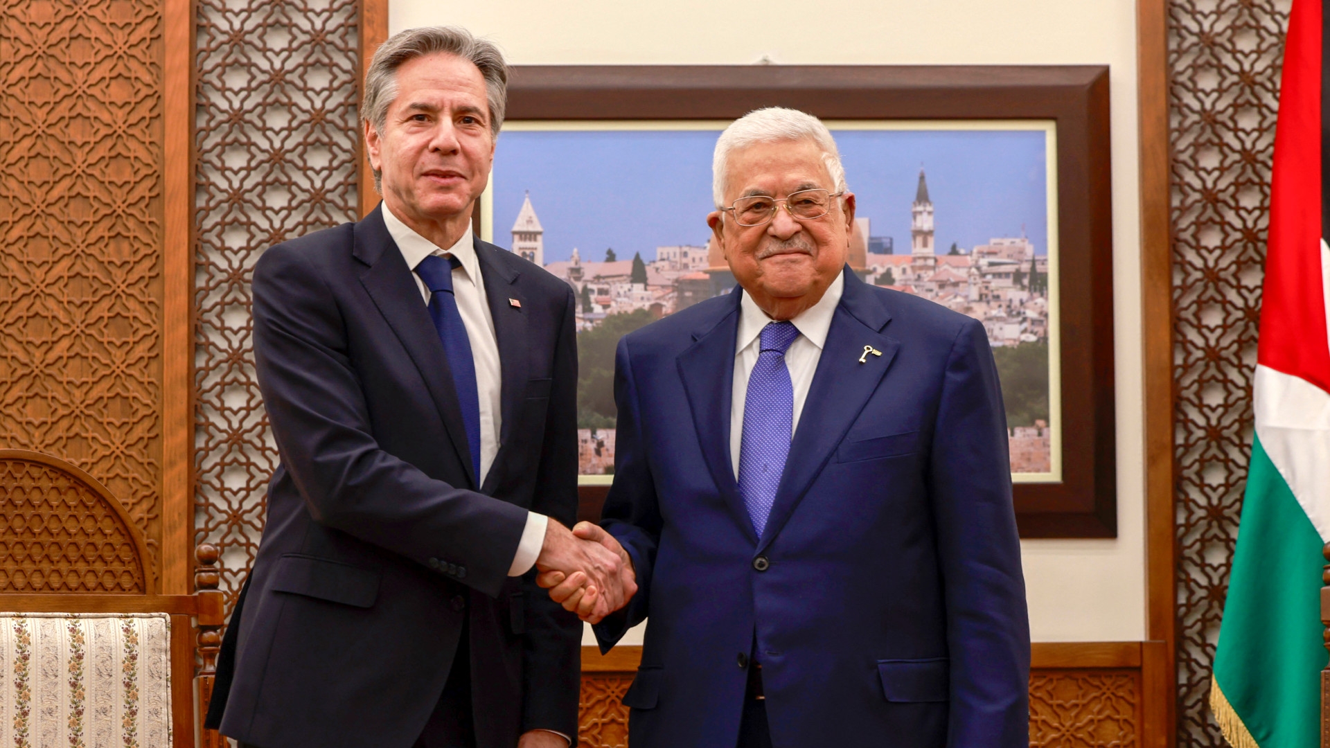 US Secretary of State Antony Blinken, left, meets with Palestinian President Mahmoud Abbas during his week-long trip amid Israel's war on Gaza, in the Muqata'a, in the West Bank city of Ramallah on 10 January 2024 (Jaafar Ashtiyeh/AFP)