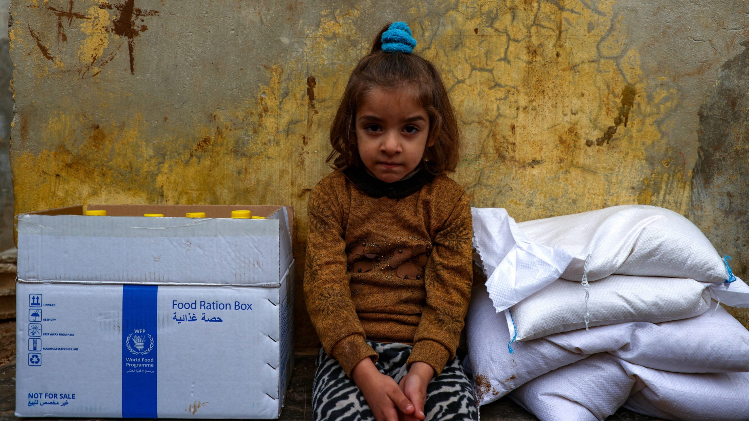 Une fillette syrienne déplacée est assise au milieu de colis de secours du Programme alimentaire mondial (PAM) des Nations unies avant la suspension des livraisons d’aide, dans le camp d’Atme, en périphérie d’Idleb, dans le nord-ouest de la Syrie, le 6 décembre 2023 (AFP)
