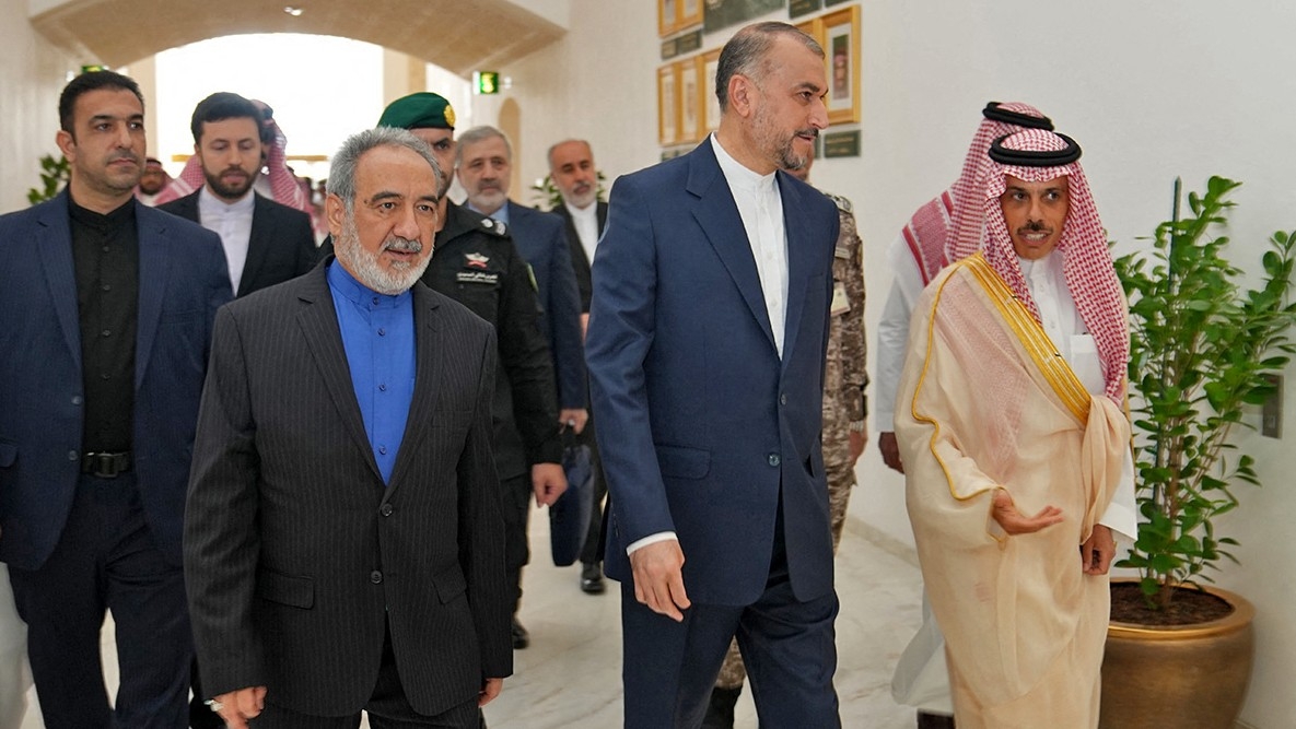 Saudi Foreign Minister Faisal bin Farhan (R) receiving his Iranian counterpart Hossein Amir-Abdollahian (C) in Riyadh on 17 August 2023 (AFP/Iranian foreign ministry handout)