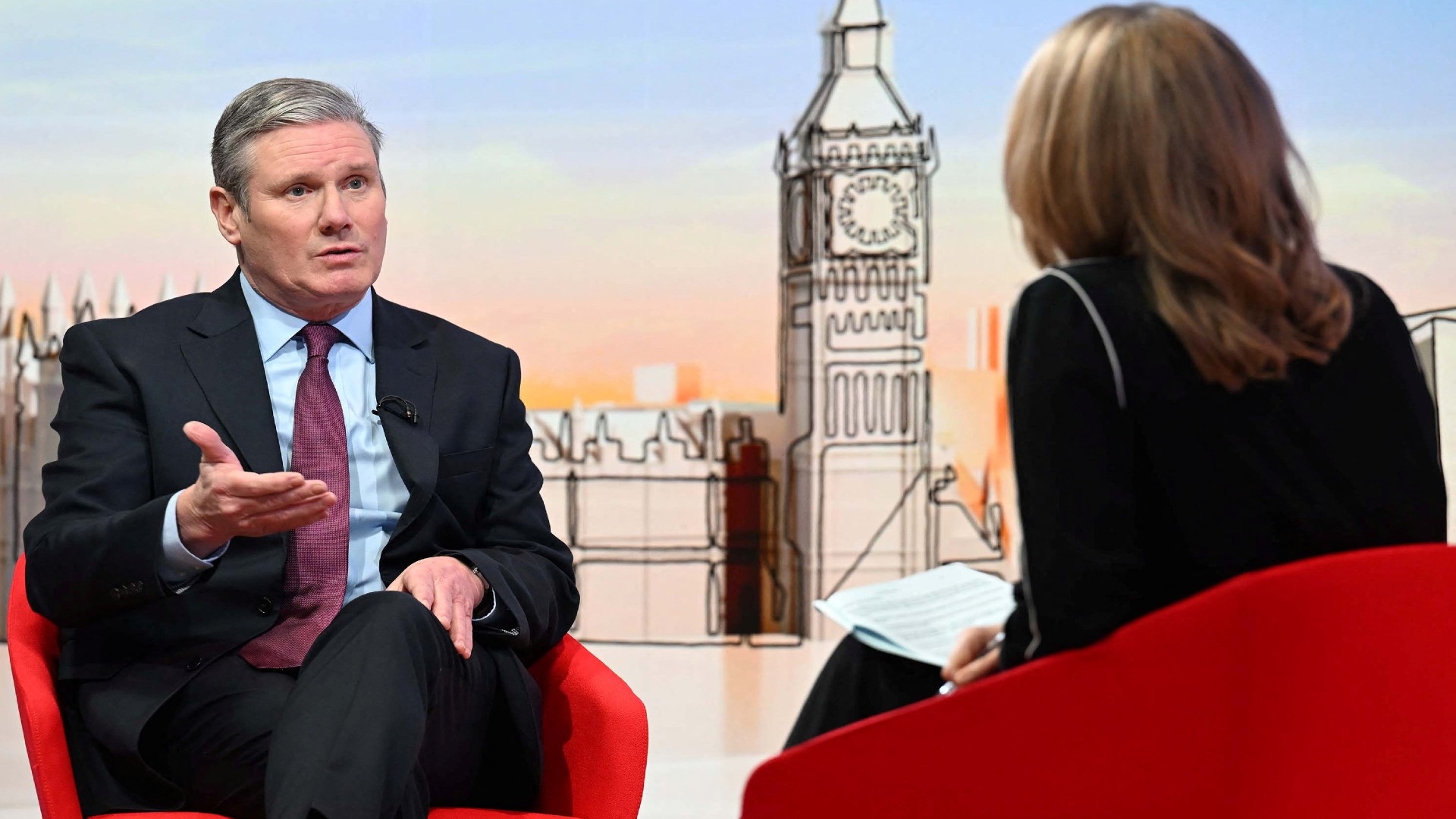 Keir Starmer, leader of Britain's Labour Party, appears on 'Sunday with Laura Kuenssberg' in London, 14 January 2024. (Jeff Overs/BBC/Handout via Reuters)