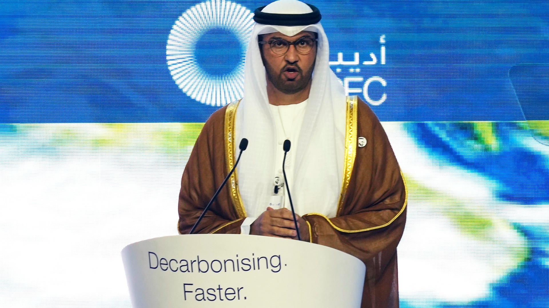 Sultan al-Jaber, the COP28 President-Designate and UAE's Special Envoy for Climate Change, talks during the ADIPEC. Oil and Energy exhibition and conference in Abu Dhabi,2 October 2023 (AP)