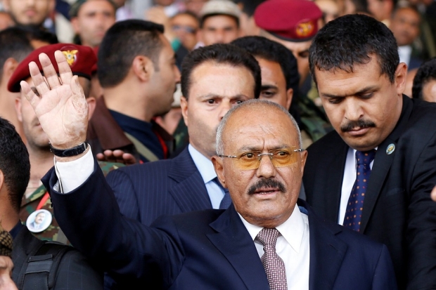 Former President Saleh gestures to supporters as he arrives to a rally held to mark the 35th anniversary of the establishment of GPC party in Sanaa August 24, 2017 (Reuters) 
