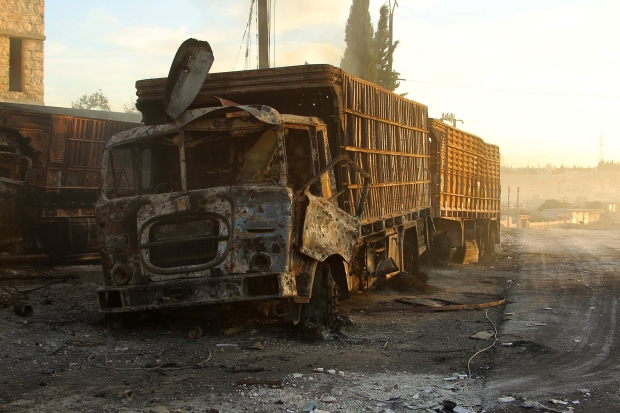 One of the aid trucks attacked in Aleppo on 19 September 2016 (Reuters)