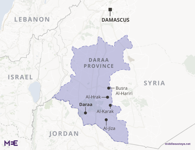 Località colpite dall'offensiva su Deraa da parte del regime siriano. Credits to: Middle East Eye.