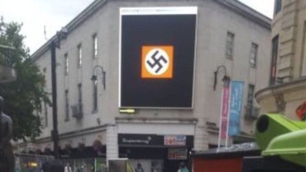 Swastikas on the big screen in Cardiff's city centre 