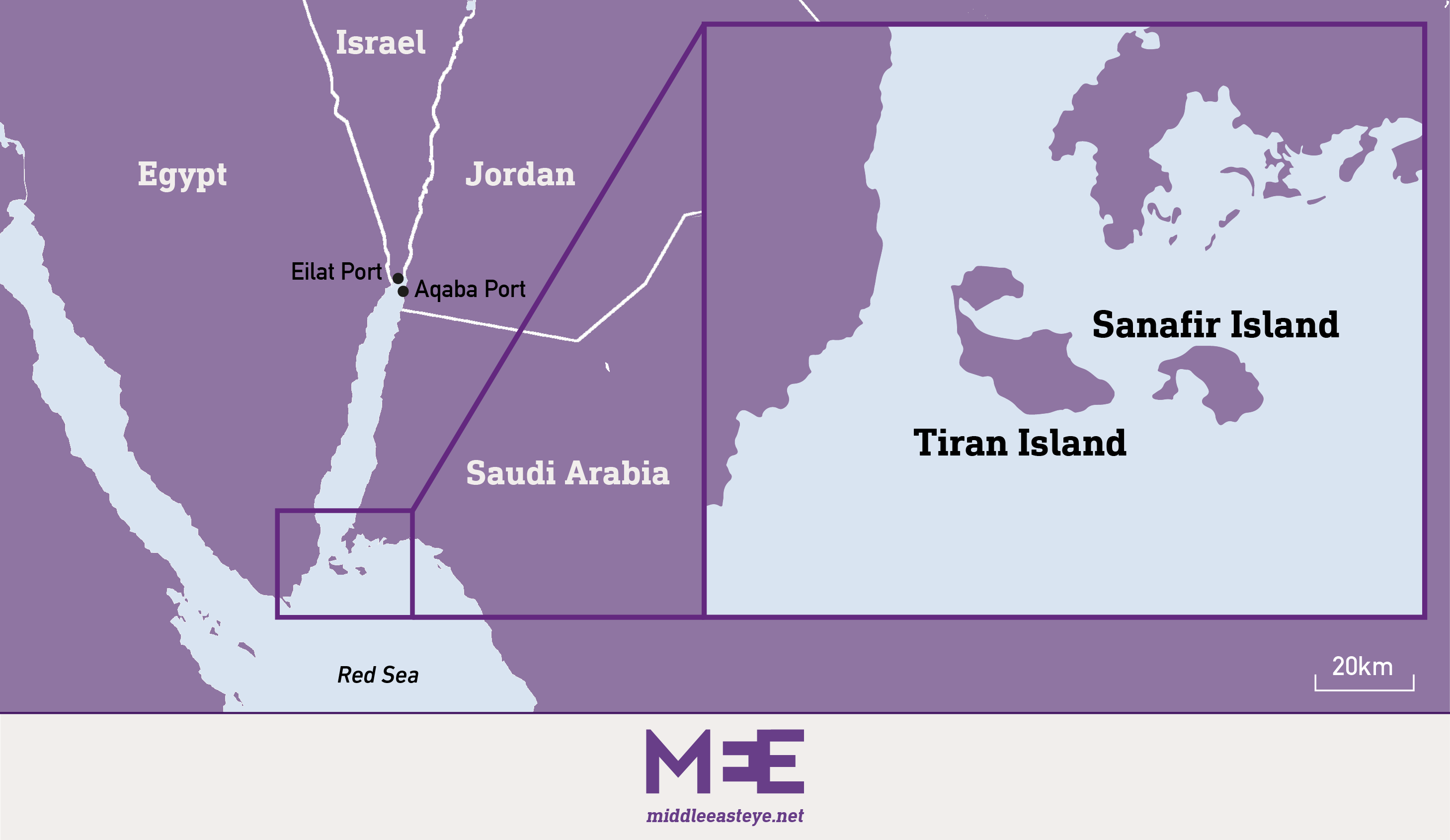 Un mapa que muestra las islas Tiran y Sanafir en el Mar Rojo.