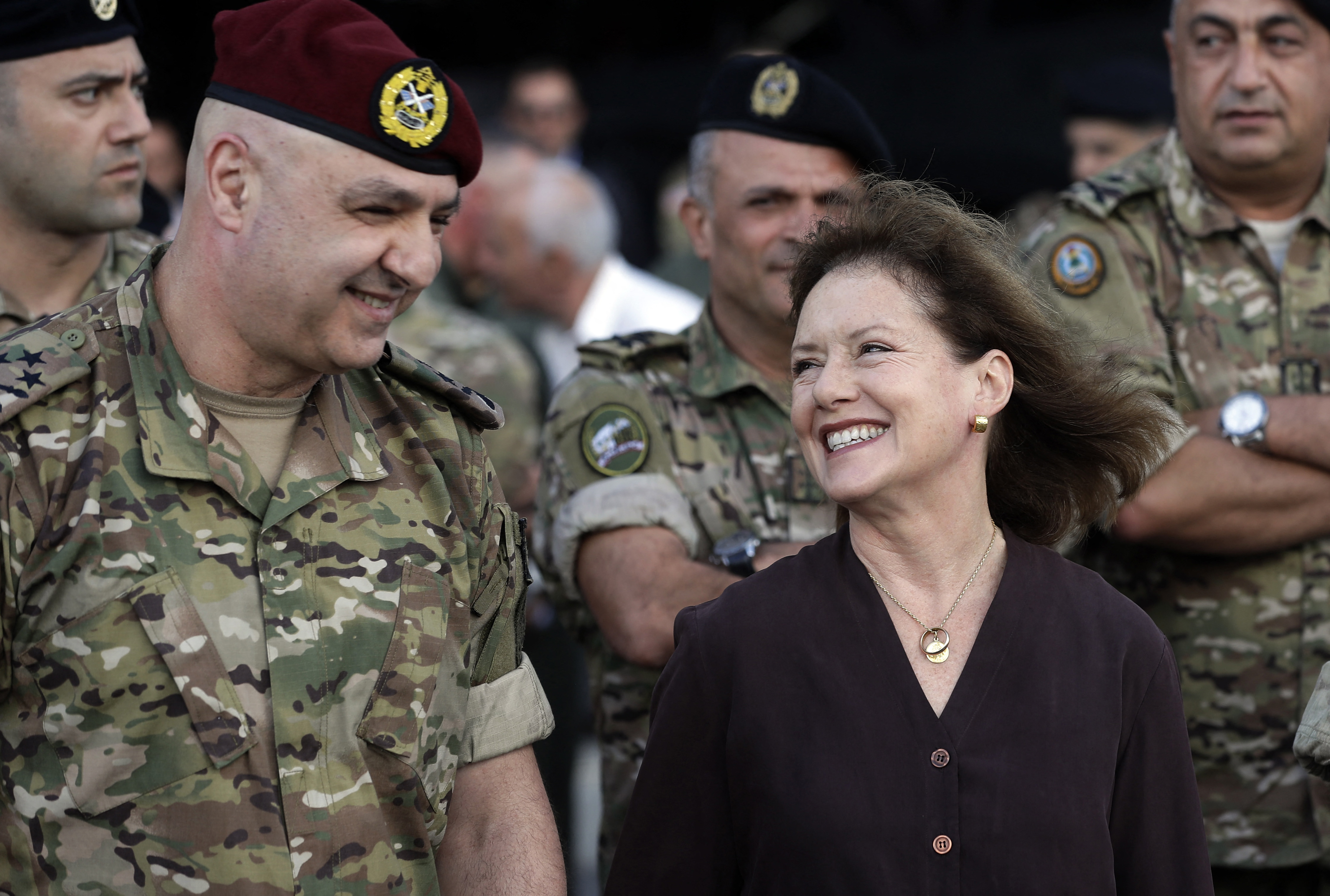 Elizabeth Richards (R), the US Ambassador to Lebanon, speaks with Lebanese Army Chief of Staff General Joseph Aoun in 2018 (AFP)