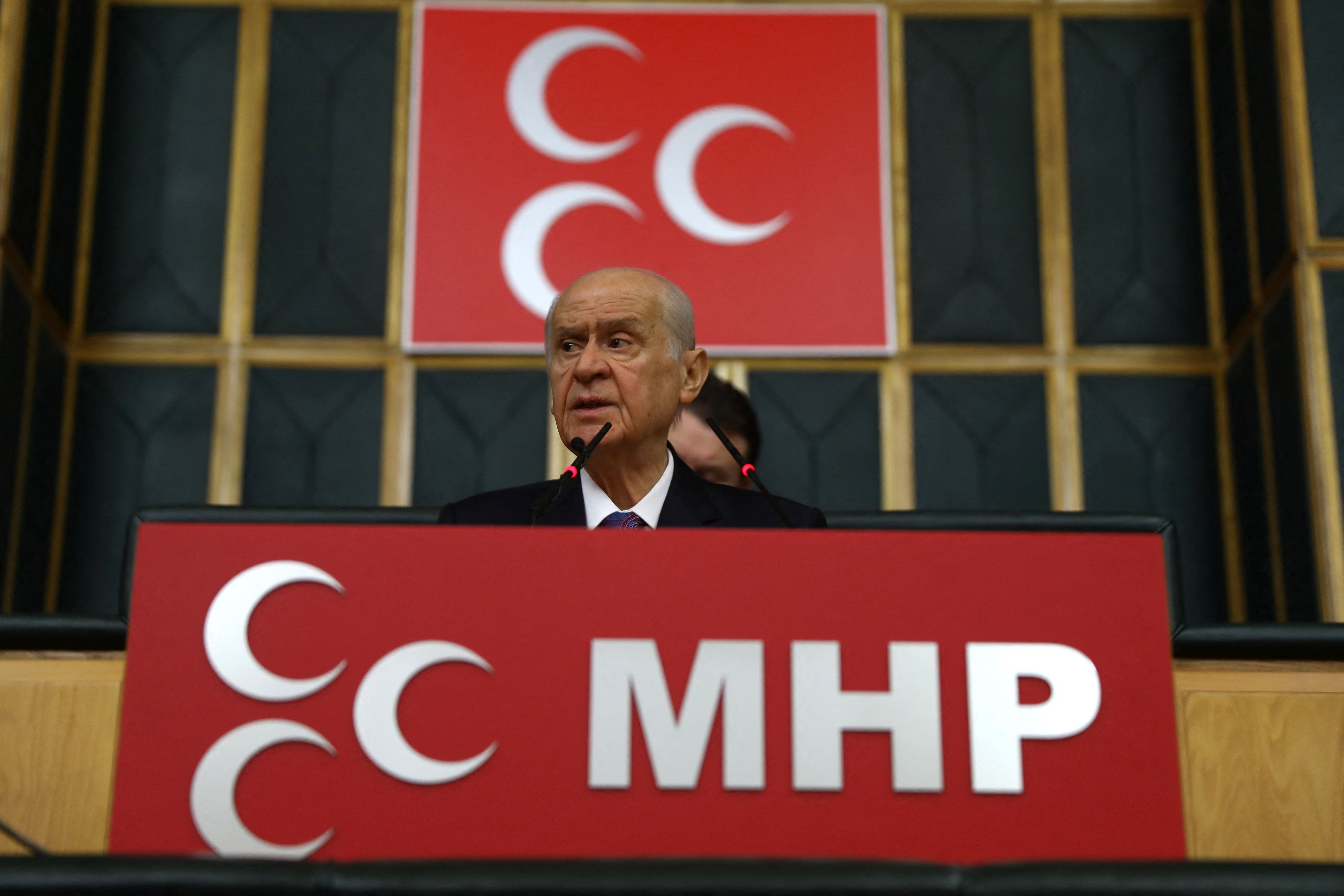 Turkey's Nationalist Movement Party's (MHP) Leader, Devlet Bahceli speaks during his party's group meeting at the Grand National Assembly of Turkey, in Ankara, on January 14, 2020 (AFP)