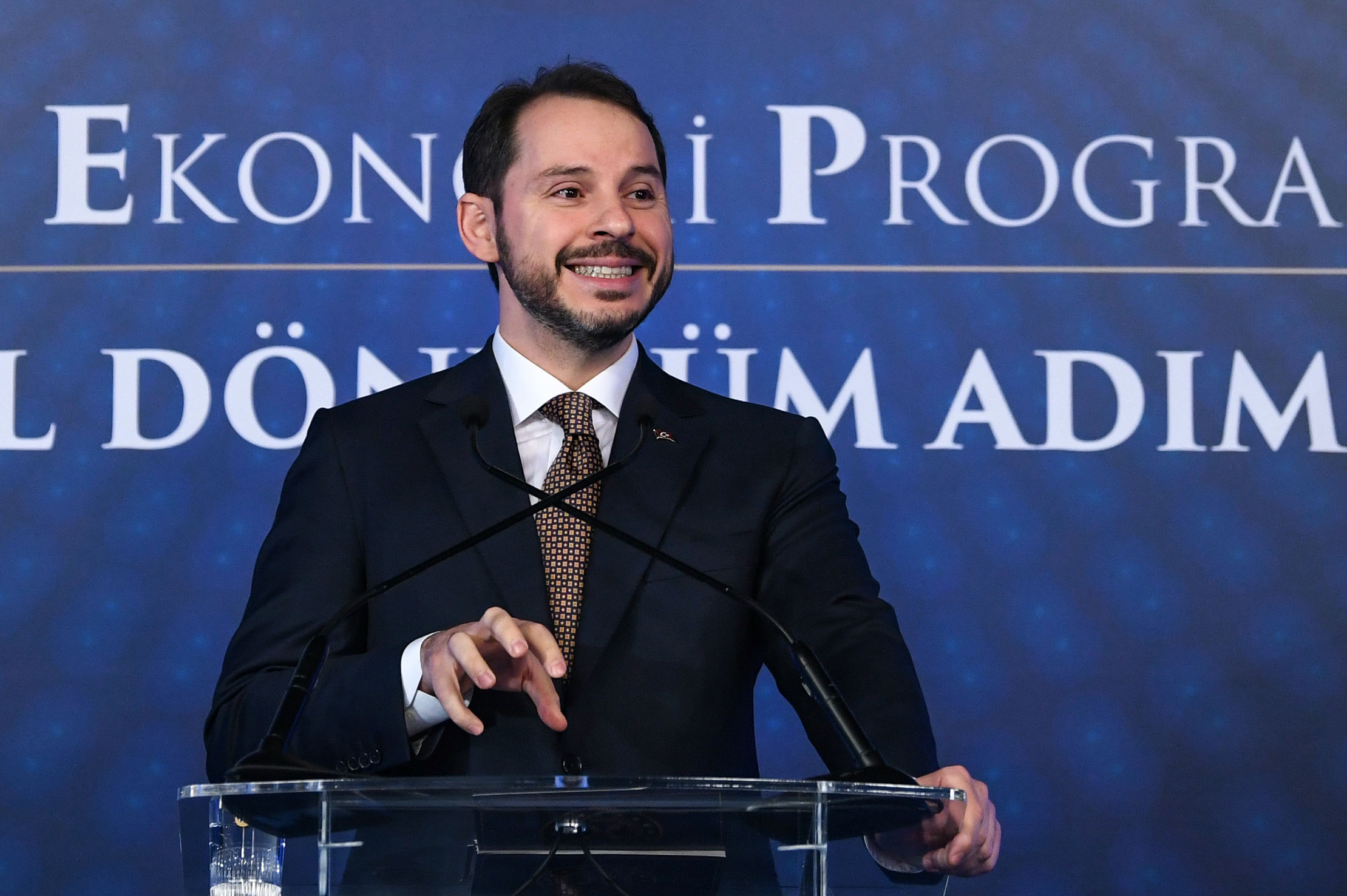 Turkish Treasury and Finance Minister Berat Albayrak addresses a press conference to announce his new economic policy and reforms in Istanbul on 10 April, 2019 (AFP)