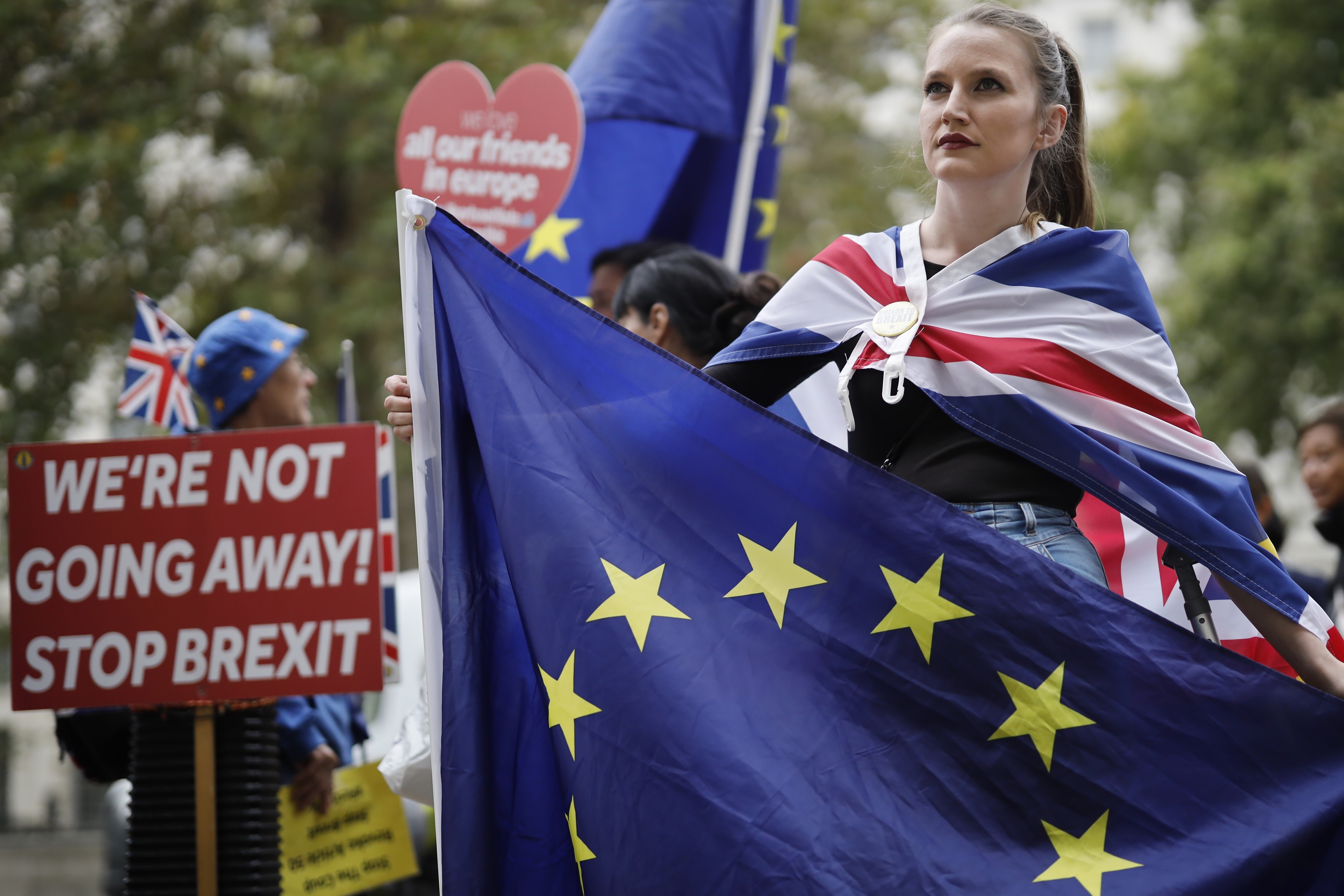 Anti-Brexit activists, and demonstrators in central London on 10 September (AFP)