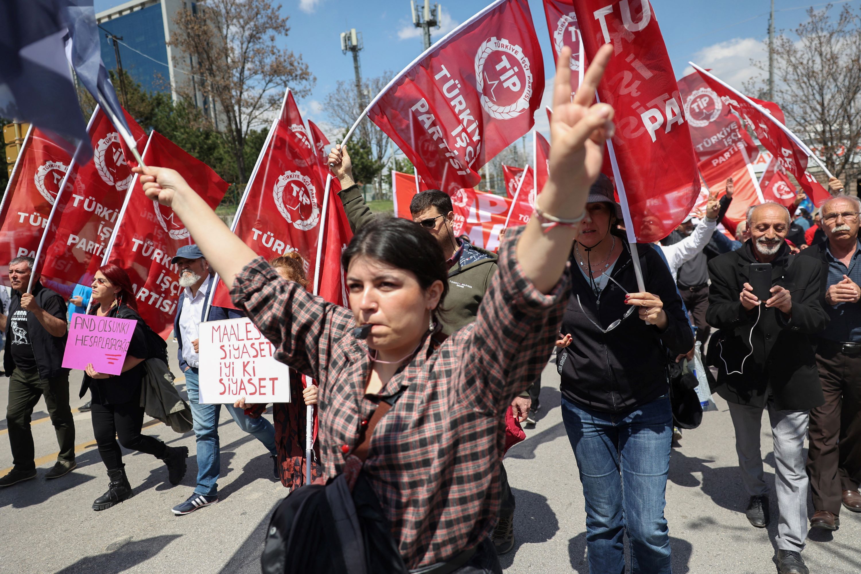 Protesters chant during a May Day rally marking International Workers Day at Anadolu Square, Ankara on May 1, 2023 (AFP) 