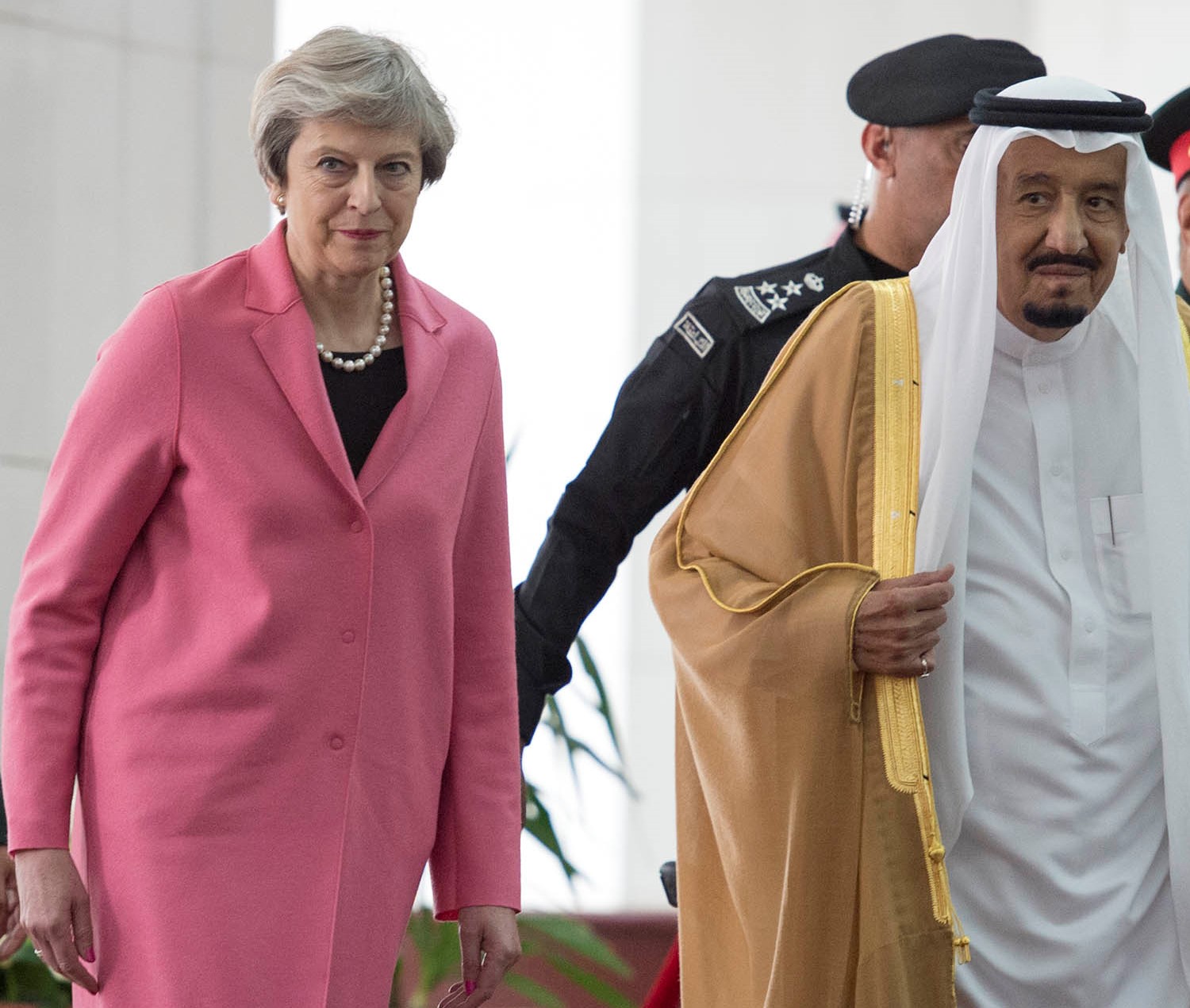 April 5, 2017 shows Saudi Arabia's King Salman bin Abdulaziz al-Saud receiving British Prime Minister Theresa May in the capital Riyadh. 