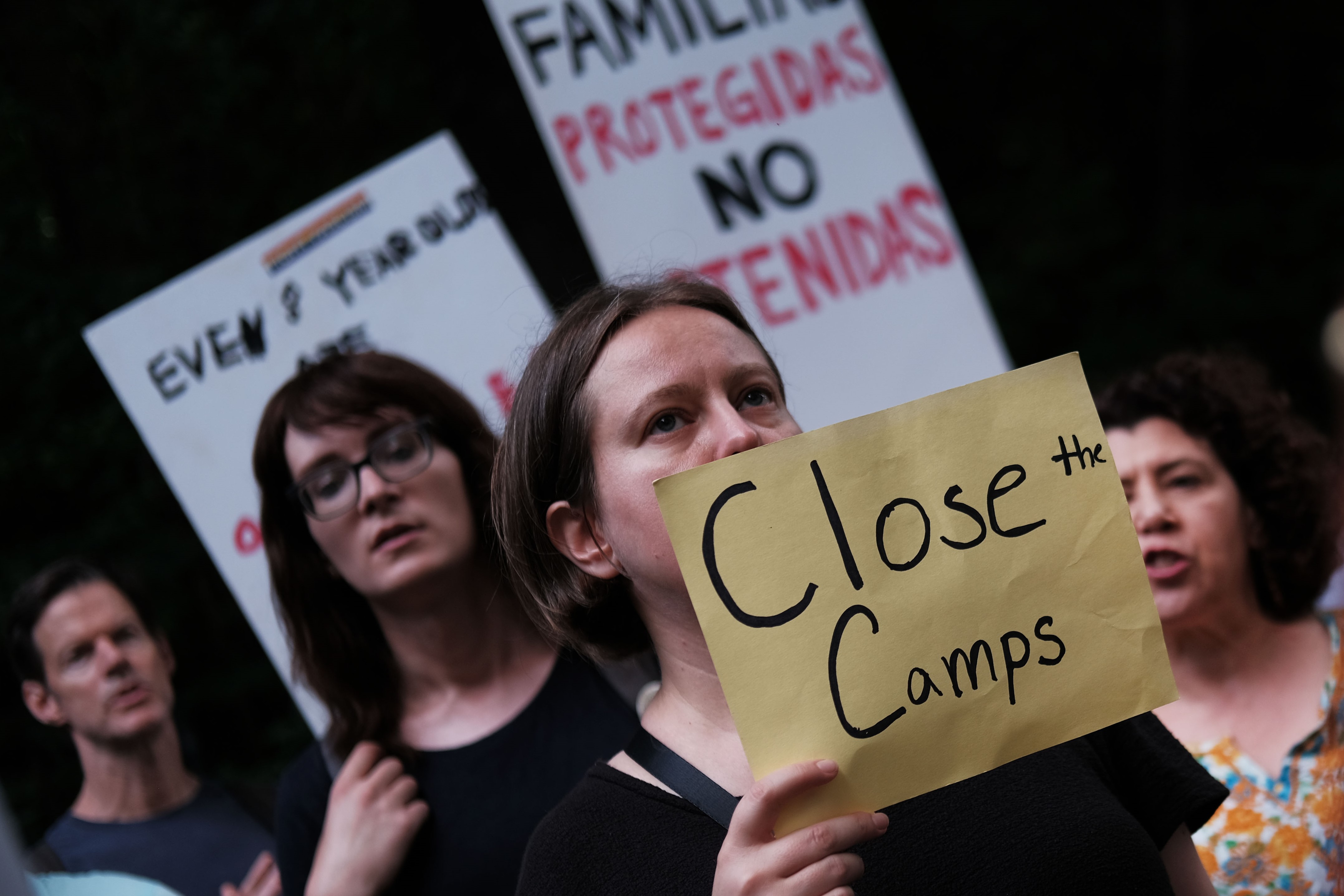 Hundreds of people gather in front of U.S. Senator Chuck Schumer's Brooklyn apartment to protest the migrant detention facilities on July 02, 2019 in New York City