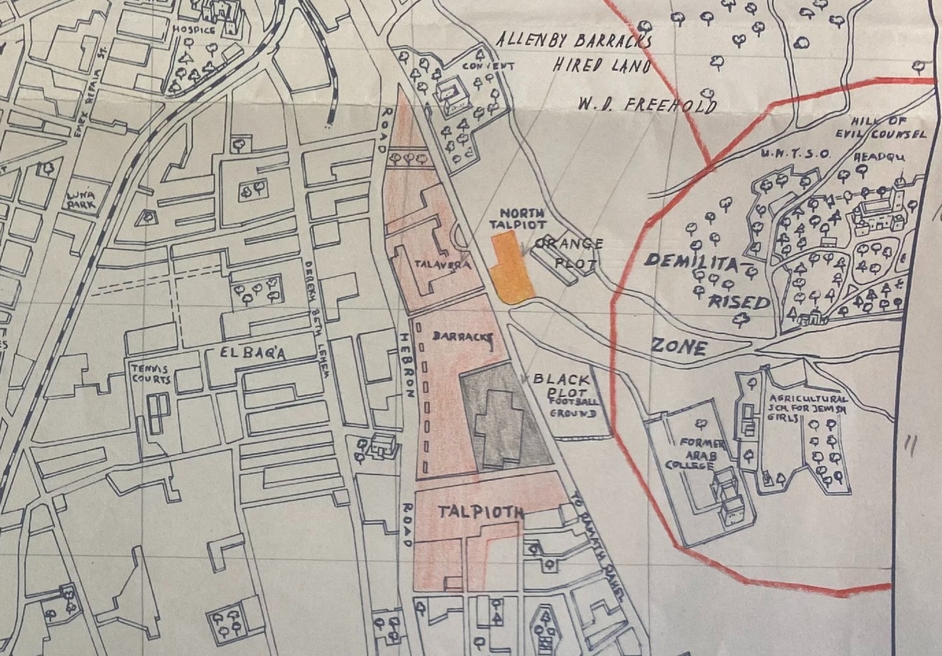 A 1959 map of Jerusalem showing the Orange Plot found in Foreign Office documents (National Archive)