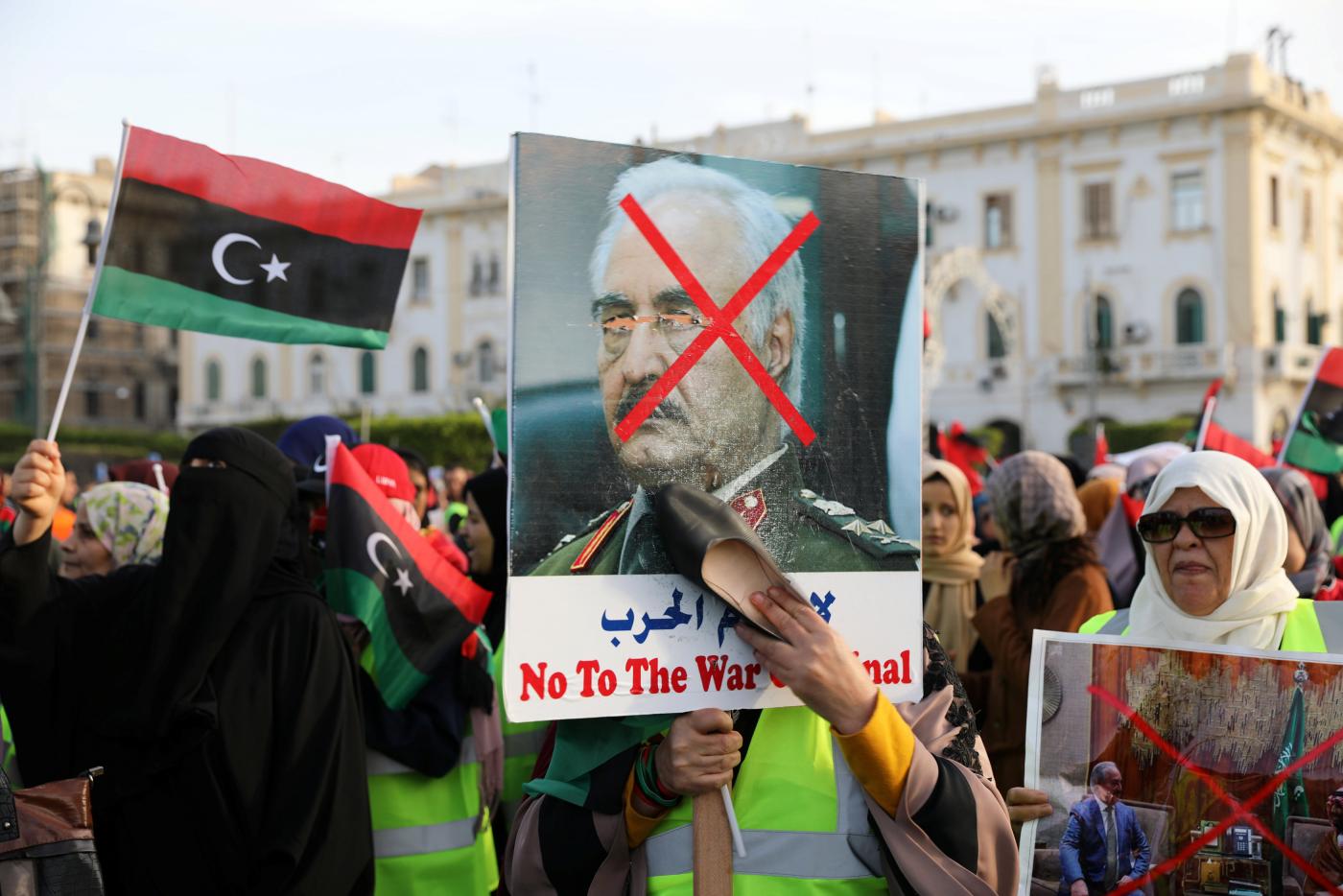 Libyans demand an end to Haftar’s attack in a protest in Tripoli (Reuters)