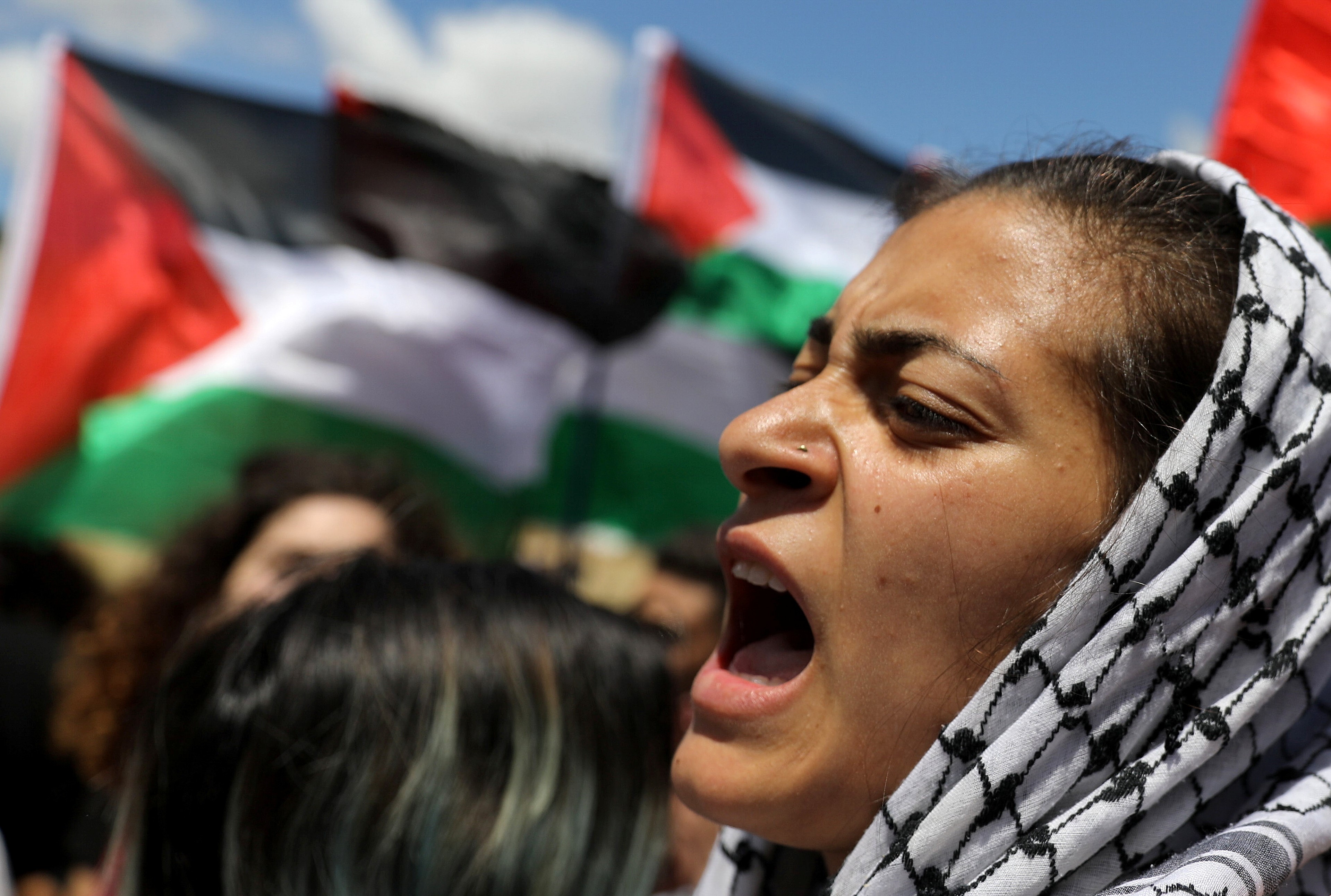 Members of Israel's Arab minority take part in a rally marking the "Nakba" or "Catastrophe", when Palestinians lament the loss of their homeland in the 1948-49 war, that caused the creation of Israel, near the abandoned village of Khubbayza, northern Israel May 9, 2019. 
