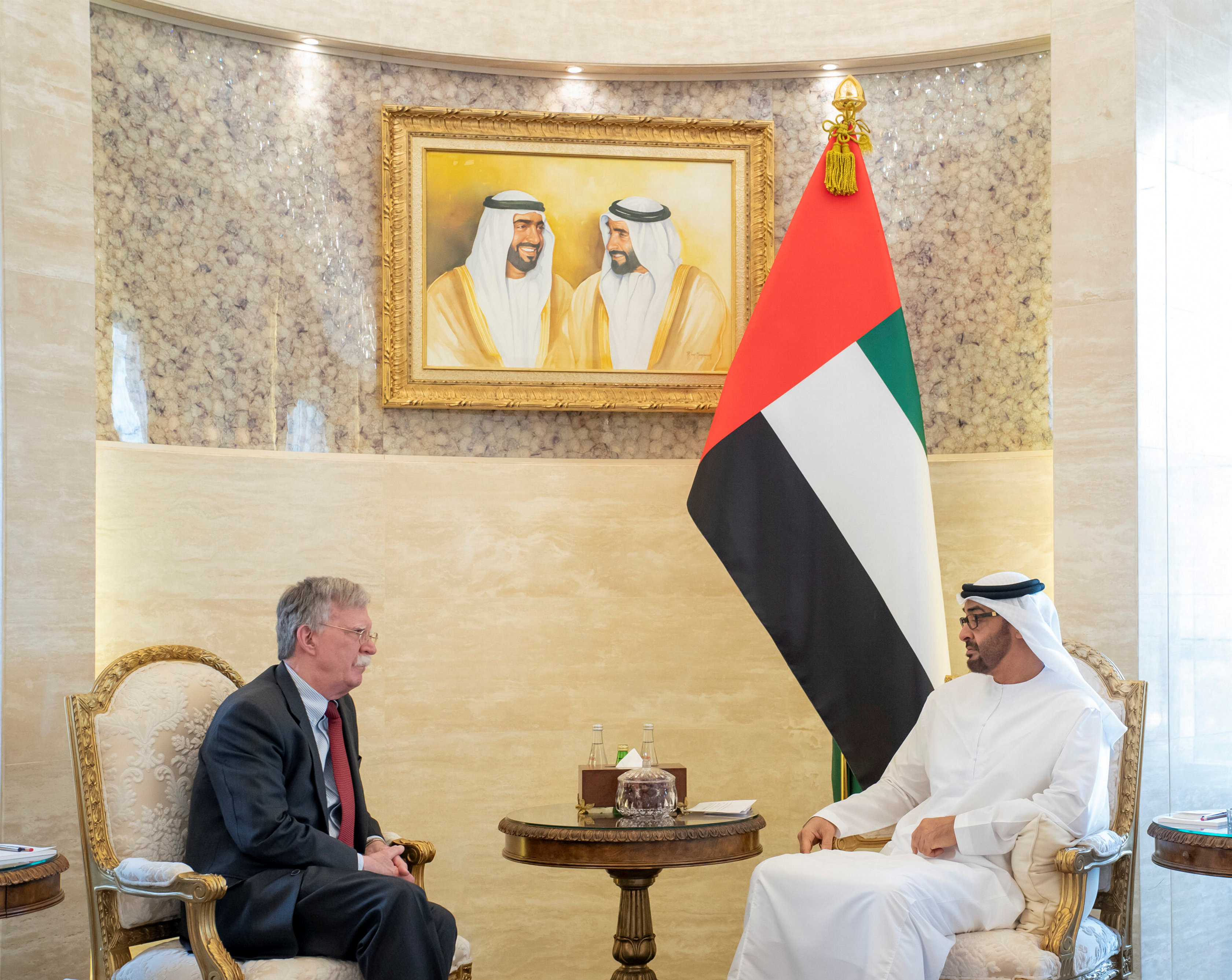 Abu Dhabi's Crown Prince Mohammed bin Zayed meets with US National Security Advisor John Bolton in Abu Dhabi (Reuters)