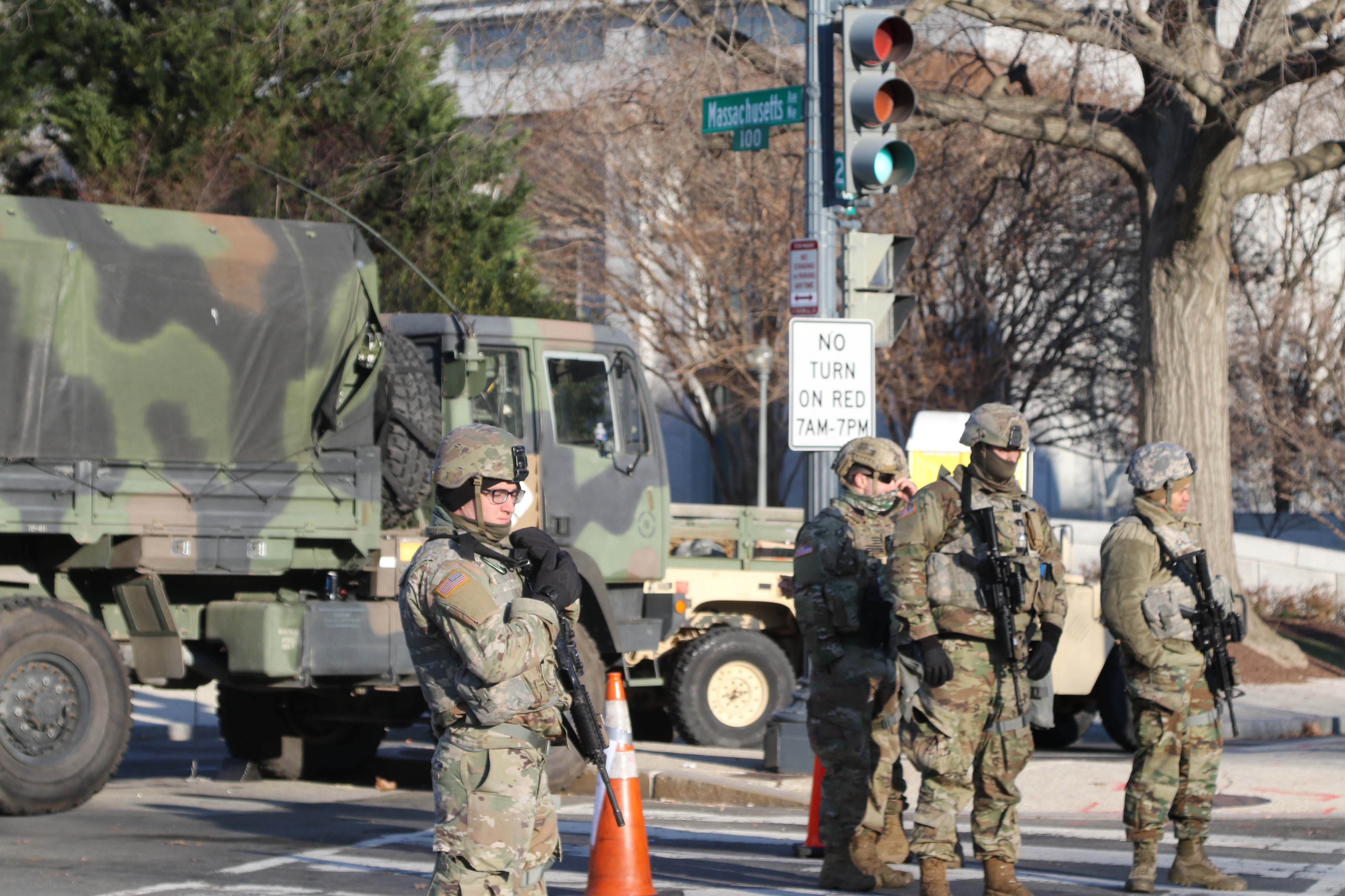 A military checkpoint in downtown Washington.