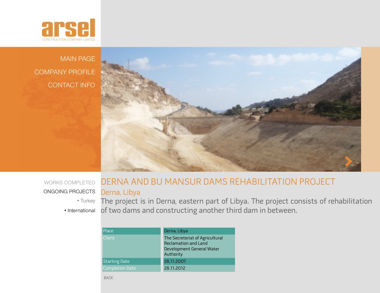 A screenshot from Arsel's now-defunct website claiming work on the dams project was completed in 2012