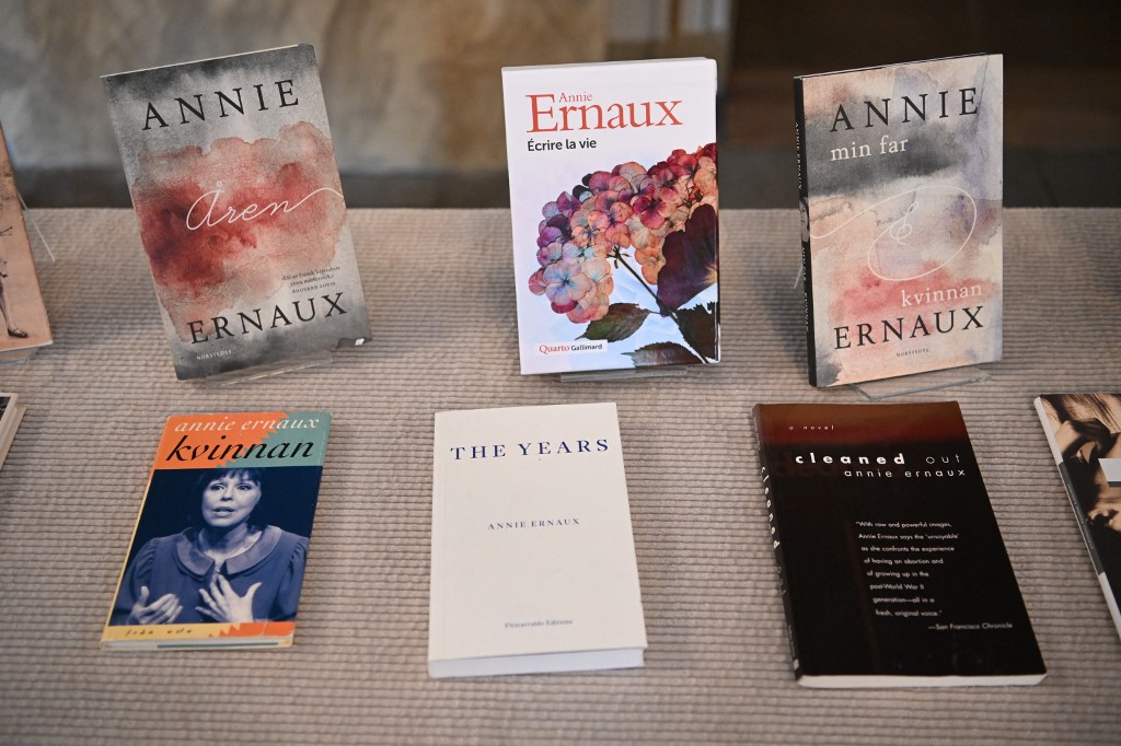 Books by Annie Ernaux, winner of the 2022 Nobel Prize in Literature, on display at the Swedish Academy in Stockholm, 6 October 2022 (AFP)