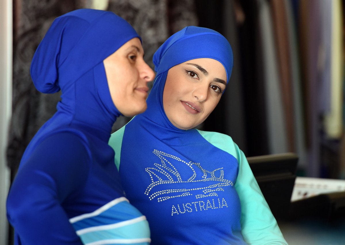 Muslim models pose in burkini swimsuits in western Sydney, from designer Australian-Lebanese Aheda Zanetti's collection (AFP)
