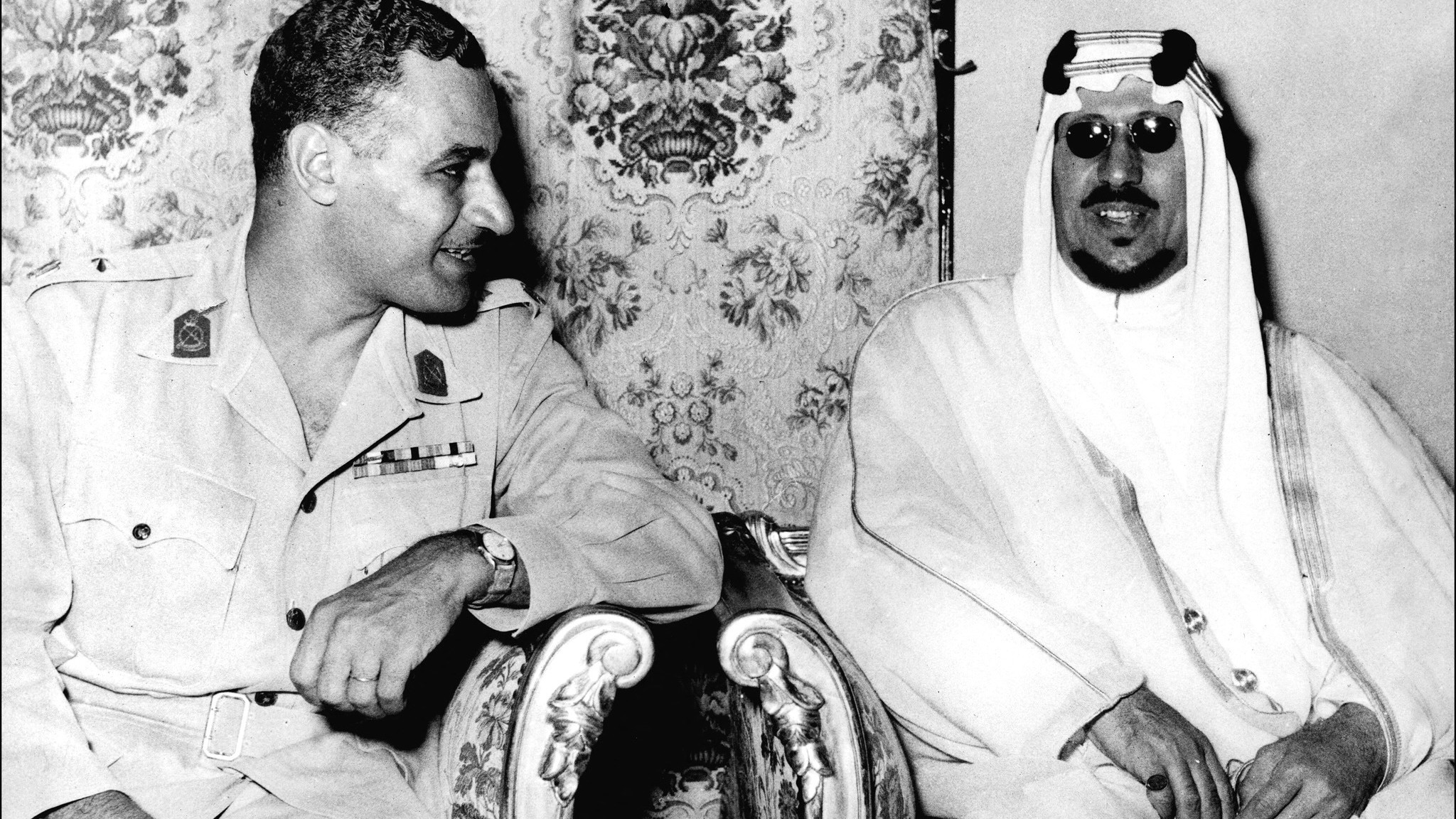 Saudi Arabia King Saud ibn Abd al-Aziz (R) and Egyptian president Gamal Abdel Nasser confer in March 1956 at Kubbeh Palace in Cairo during Syria-Saudi Arabia and Egypt meeting. Saud ibn Abd al-Aziz succeeded his father King Ibn Saud in November 1953.