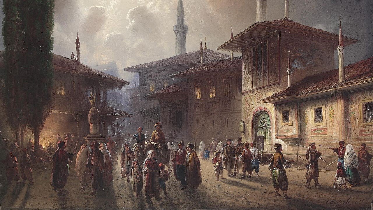 Cette peinture de l’artiste italo-suisse Carlo Bossoli dépeint une scène de rue du XIXe siècle dans la péninsule de Crimée (domaine public)