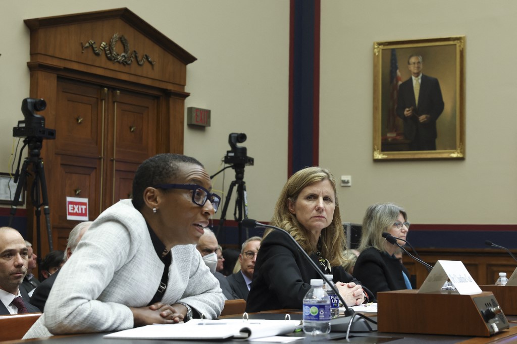 Claudine Gay, President of Harvard University (L) and Liz Magill, President of the University of Pennsylvania (C), testify before Congress on 5 December 2023 (AFP)