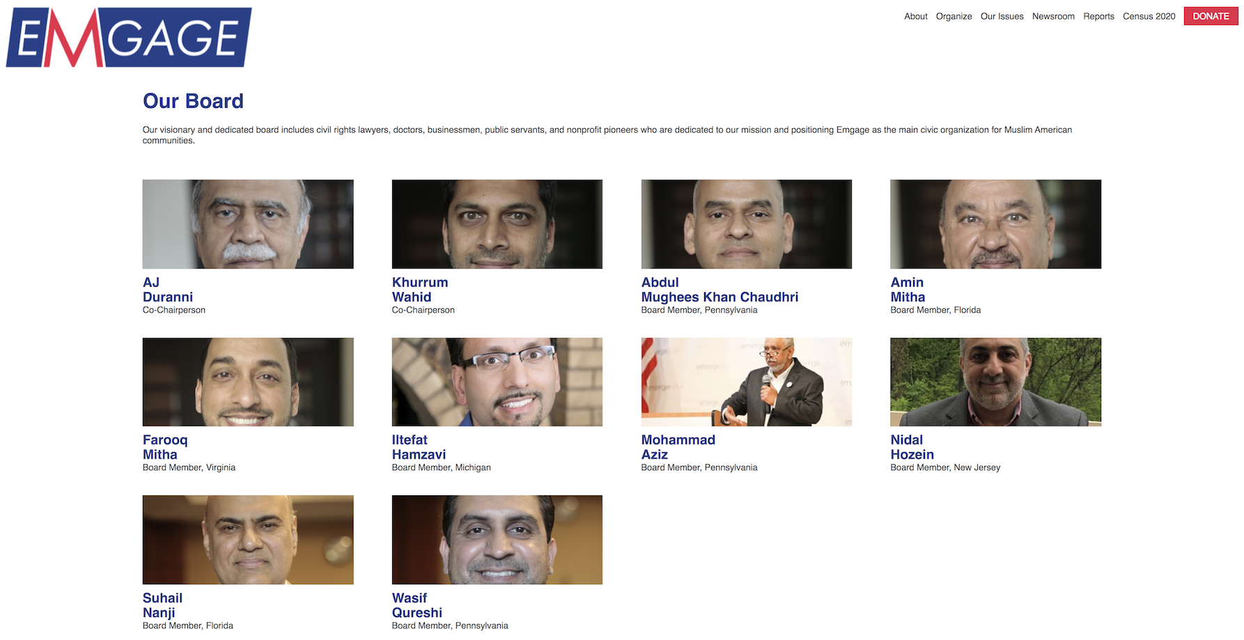 Emgage's national board, made up of predominantly South Asian men, before the page was taken down in September 2020 (Emgage)