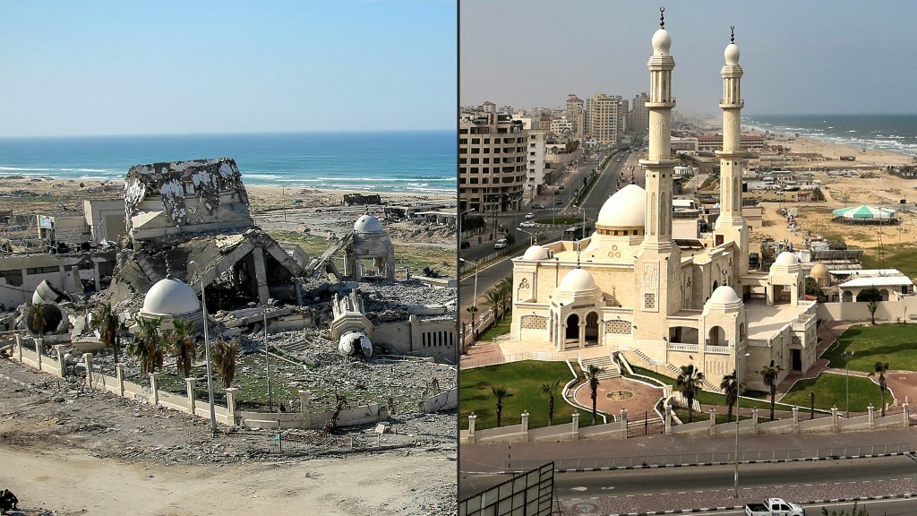 Al-Hasayna Mosque, near Gaza City’s seaport, seen in January 2021 and January 2024 after it was hit by Israeli bombs (Mohammed Abed/AFP)