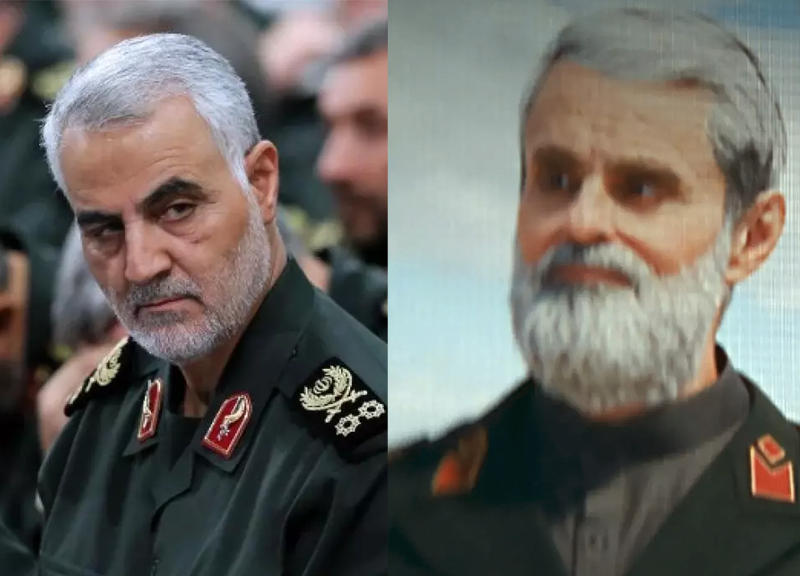 Les internautes comparent le général iranien Qasem Soleimani (à gauche) avec Ghorbrani (à droite), personnage du jeu vidéo Call of Duty: Modern Warfare II (Twitter)