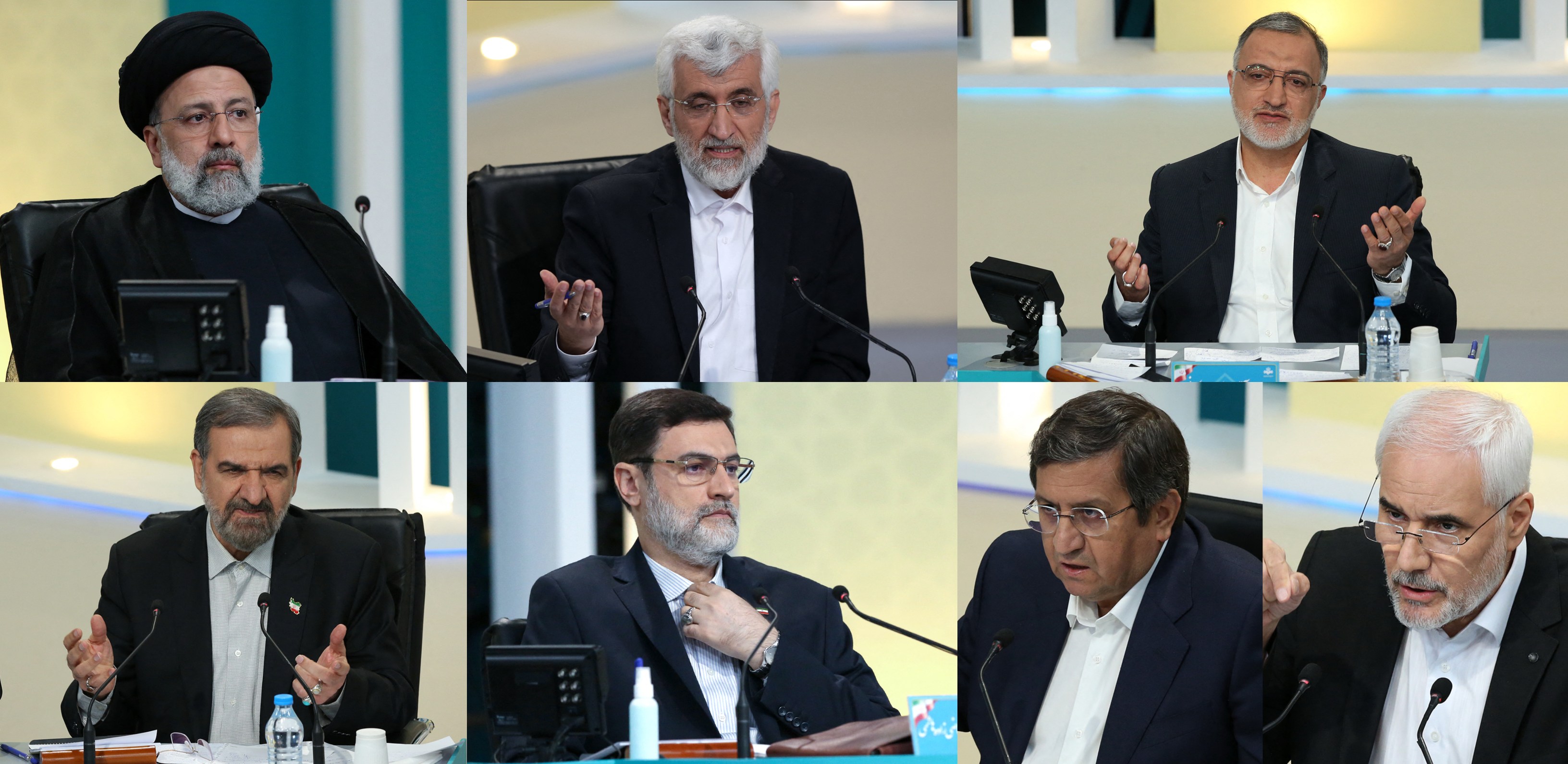 Les candidats lors d’un débat le 8 juin. De haut en bas et de gauche à droite : Raïssi, Jalili, Zakani, Rezaï, Ghazizadeh-Hashemi, Hemmati et Mehralizadeh (AFP/photos fournies)