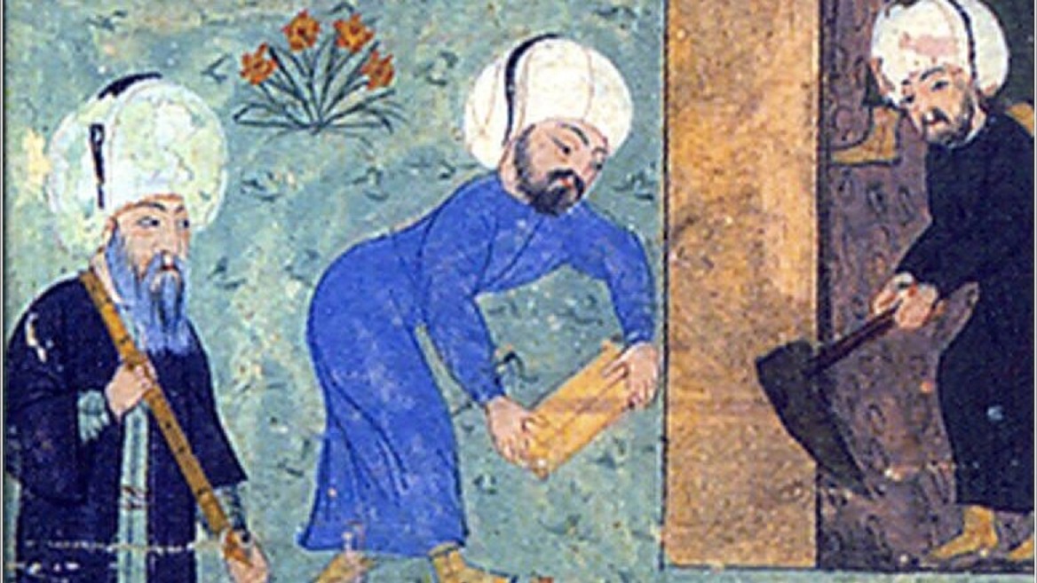 Cette miniature contemporaine de l’artiste ottoman Nakkach Osman représente Mimar Sinan (à gauche) en train de travailler sur la tombe du sultan Soliman (domaine public)