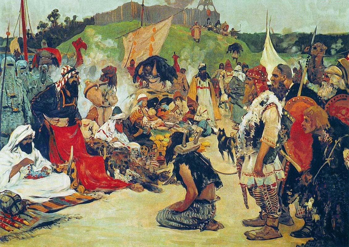 Arab’s had met the Rus during trade deals, like the one shown above in ‘Trade in the East Slavic Camp’ by Sergei Ivanov (1913) (Wikipedia)