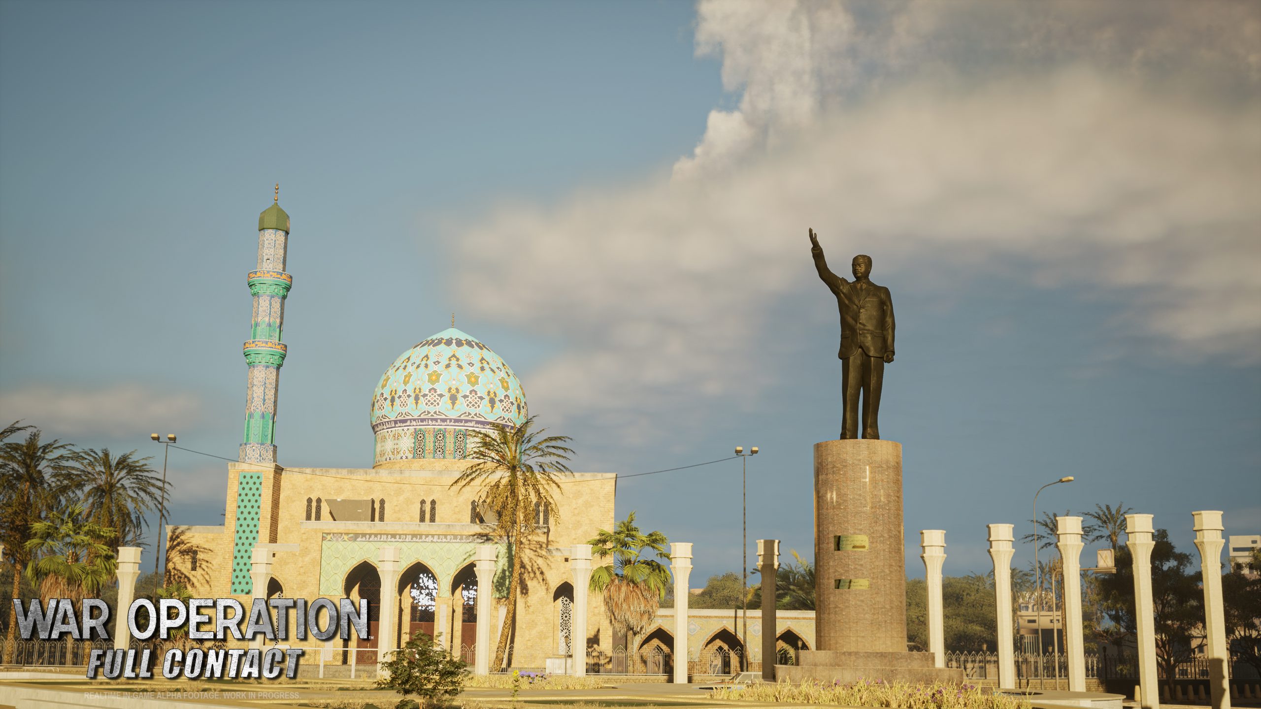 Graphic render of War Operation gameplay, depicting Firdos Square in 2003, with a statue of Saddam Hussein