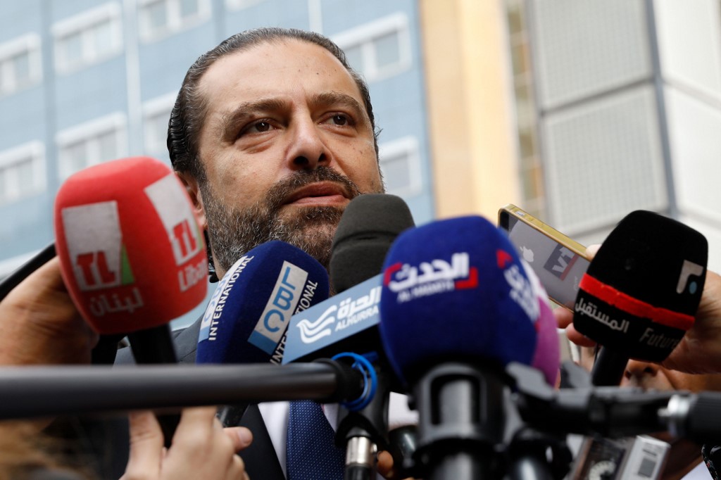 L’ancien Premier ministre libanais Saad Hariri s’adresse à la presse devant le Tribunal spécial pour le Liban après la présentation des arguments de clôture dans le procès de quatre suspects du Hezbollah accusés de l’assassinat de son père, le 10 septembre 2018, à La Haye (AFP)