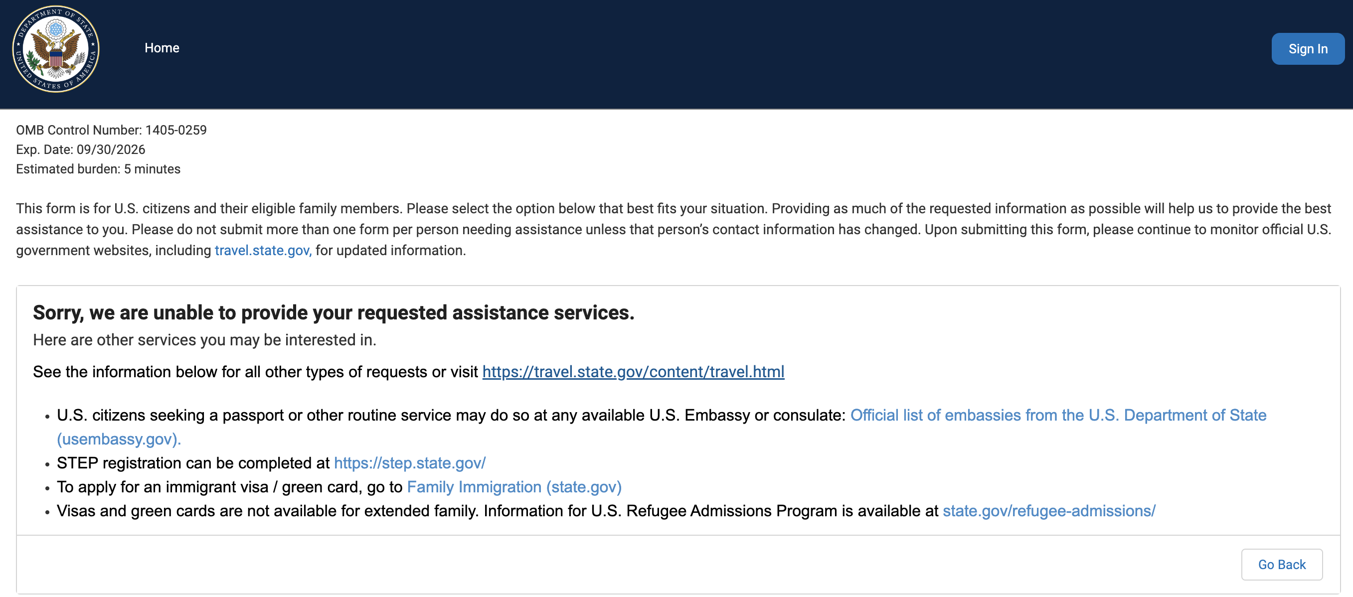 A screenshot showing that the online crisis intake form on the State Department's website no longer works.
