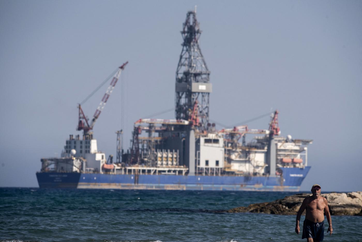 The Tungsten Explorer drilling ship off the coast of the Cypriot town of Oroklini in the gulf of Larnaca, on 21 July 2020 (AFP)