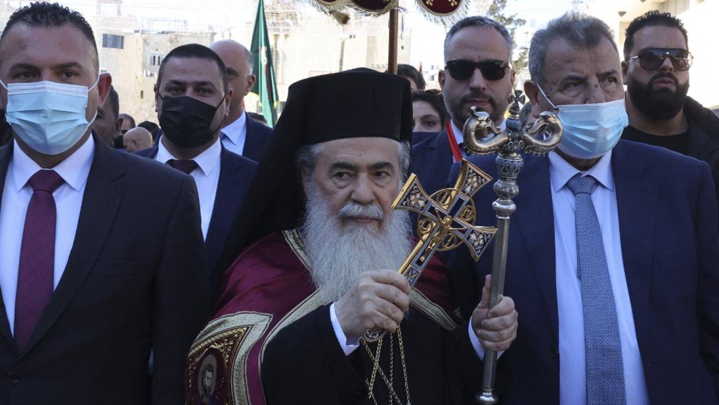 Greek Orthodox Patriarch of Jerusalem Theofilos III arrives at the Church of the Nativity for the Orthodox Christmas celebrations on 6 January (AFP/File photo)