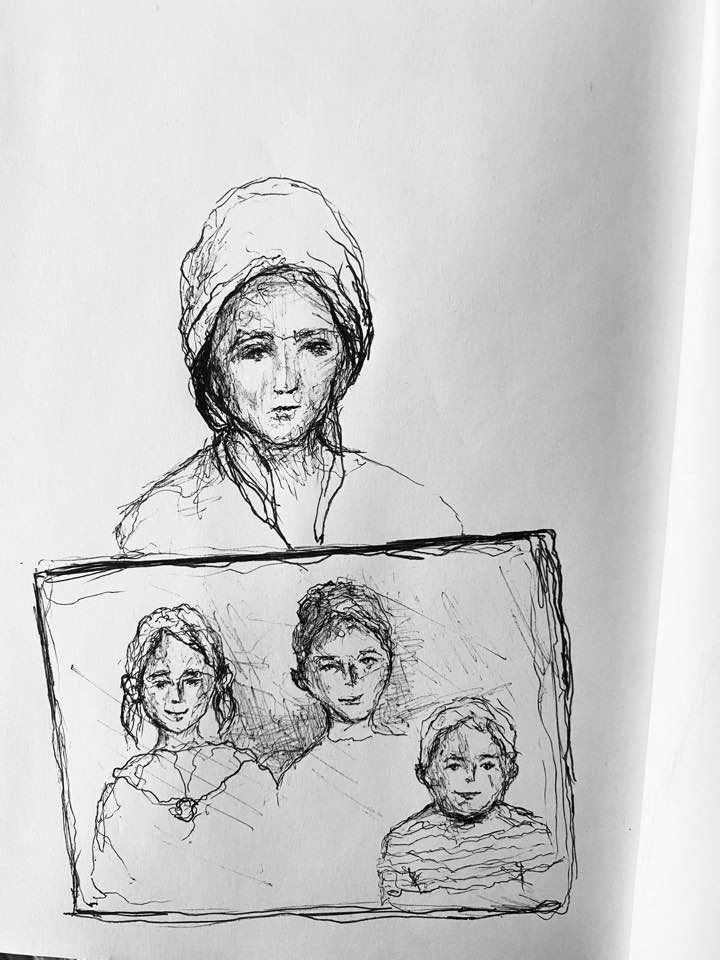 Batniji drew a sketch dedicated to Yamen Abuhatab in which a woman is holding a photo of three children. (Supplied)